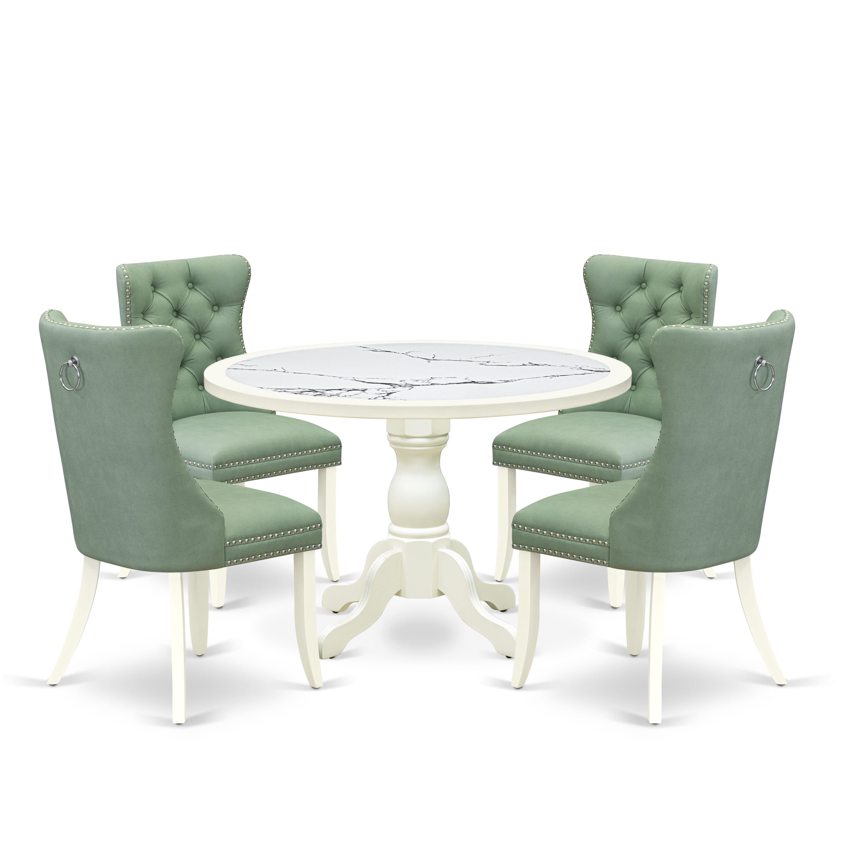 Luxe by East West Furniture 48DA5-204-22 5-Pc Mid Century Dining Set Include a Table with Veined Marble Pattern Tabletop and 4 Willow Green Faux Leather Chairs, Linen white
