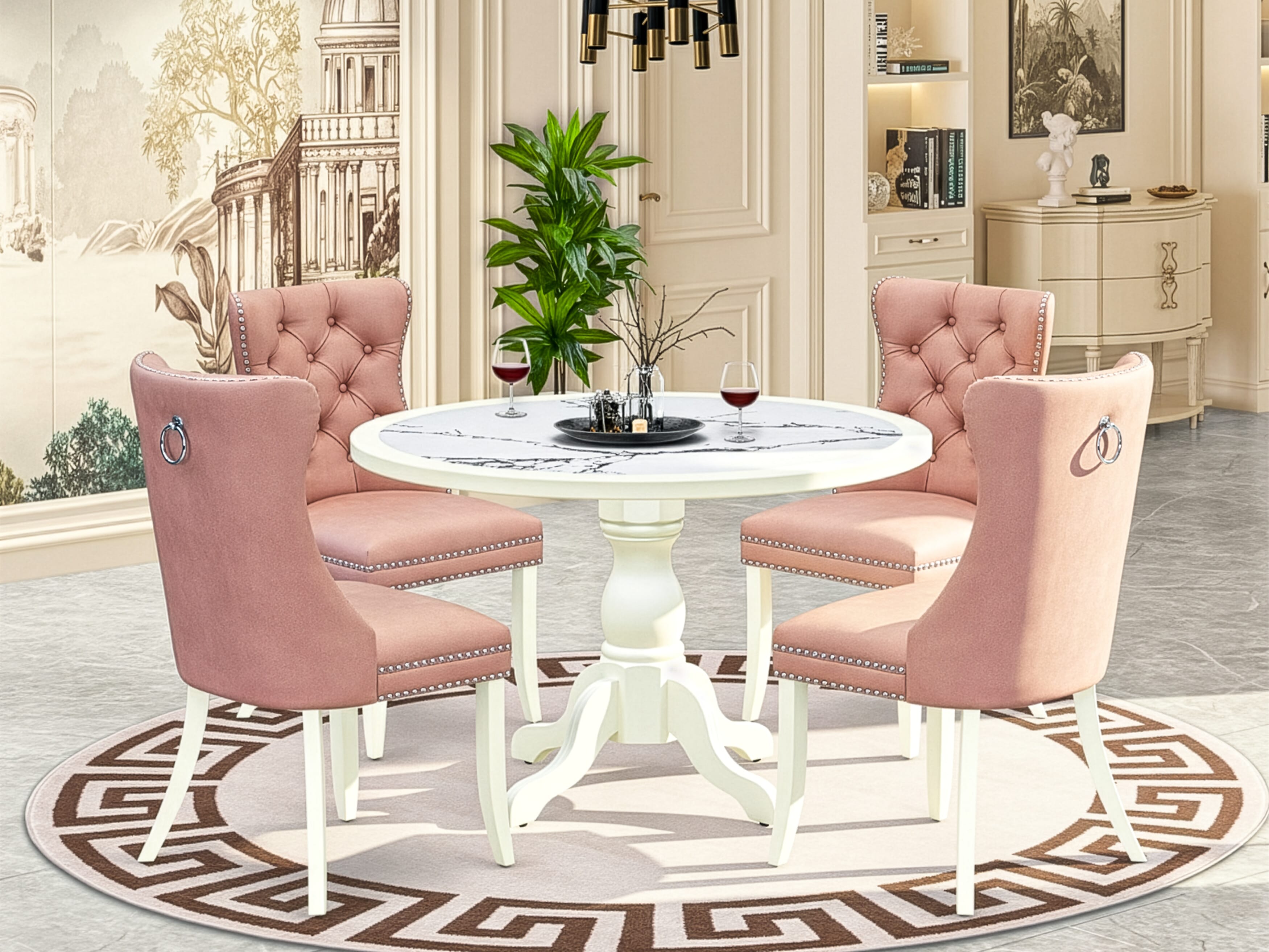 Luxe by East West Furniture 48DA5-204-23 5-Pc Dining Table Set Include a Dining Table with Veined Marble Pattern Tabletop and 4 Beige Red Faux Leather Chairs, Linen white