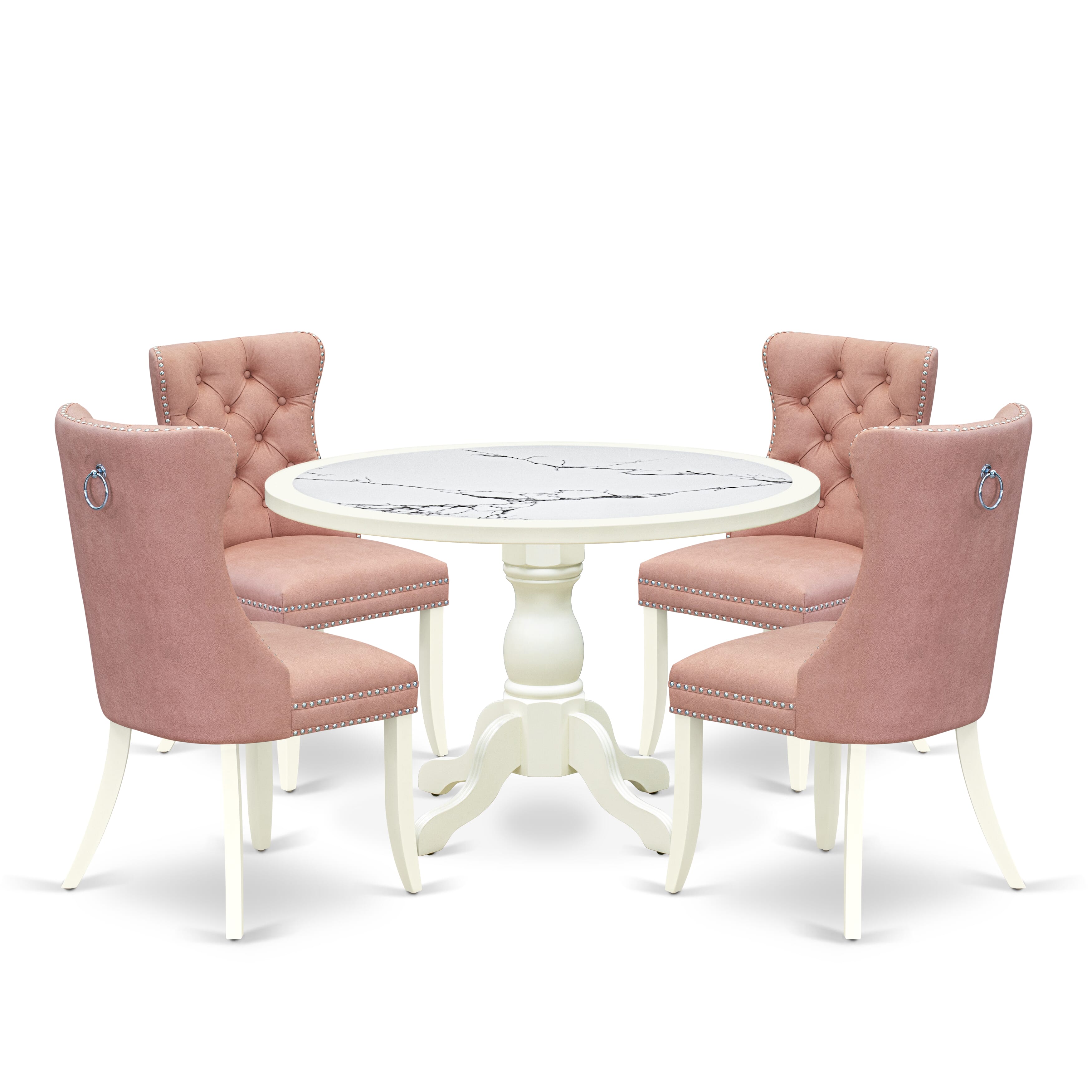 Luxe by East West Furniture 48DA5-204-23 5-Pc Dining Table Set Include a Dining Table with Veined Marble Pattern Tabletop and 4 Beige Red Faux Leather Chairs, Linen white