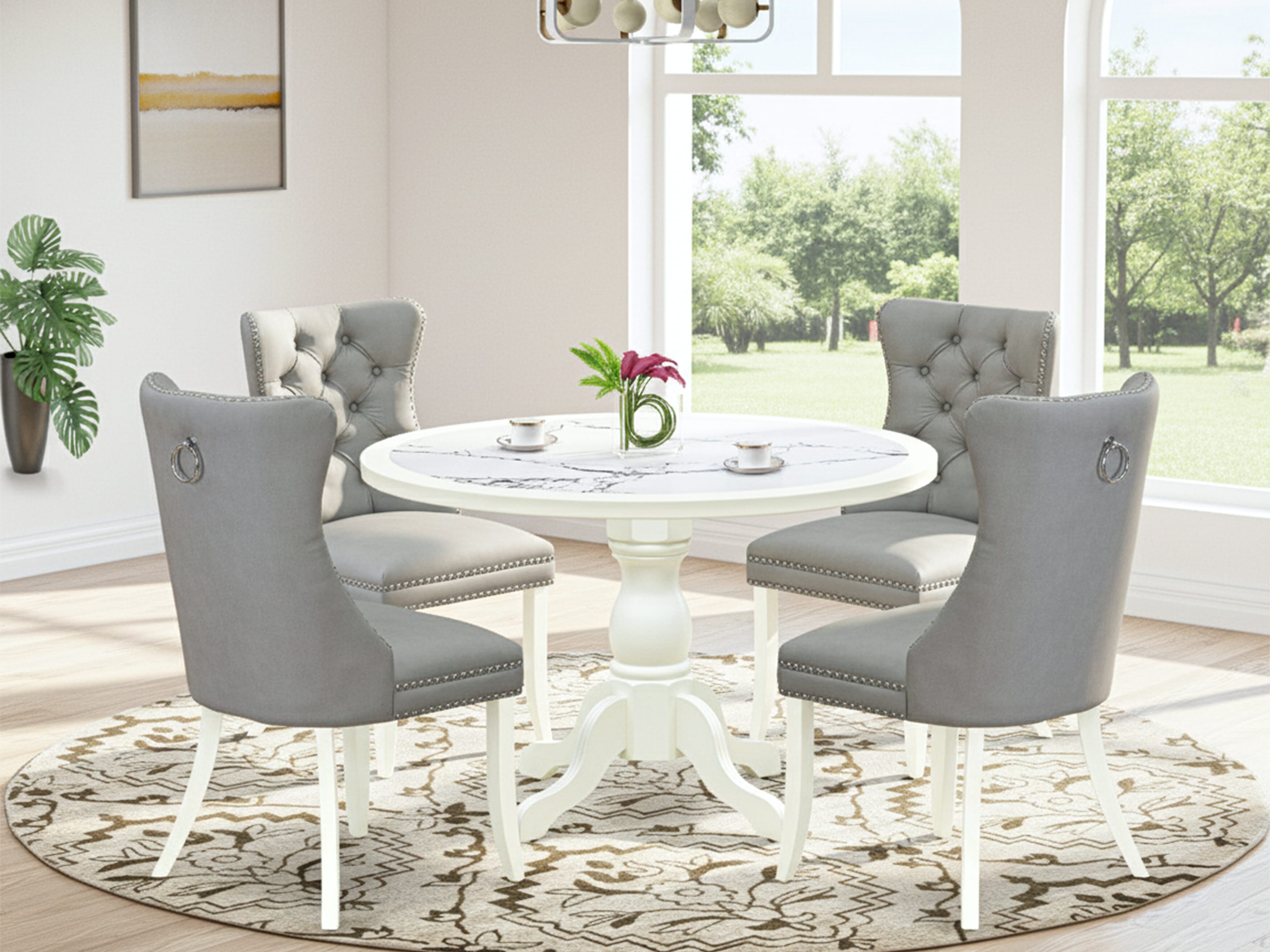 Luxe by East West Furniture 48DA5-204-27 5-Pc Modern Dining Set Include a Dining Table with Veined Marble Pattern Tabletop and 4 Light Gray Linen Fabric Chairs, Linen white
