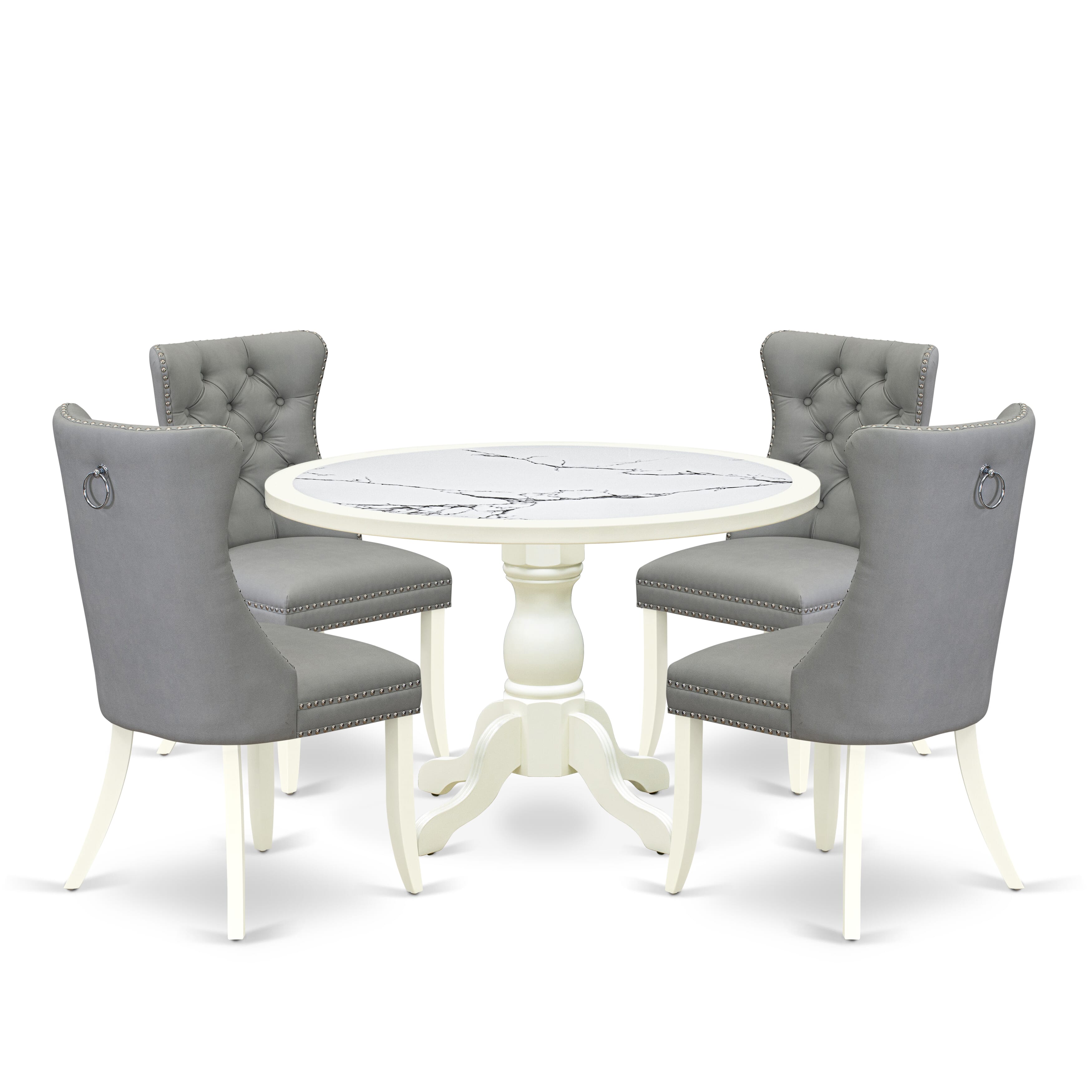 Luxe by East West Furniture 48DA5-204-27 5-Pc Modern Dining Set Include a Dining Table with Veined Marble Pattern Tabletop and 4 Light Gray Linen Fabric Chairs, Linen white
