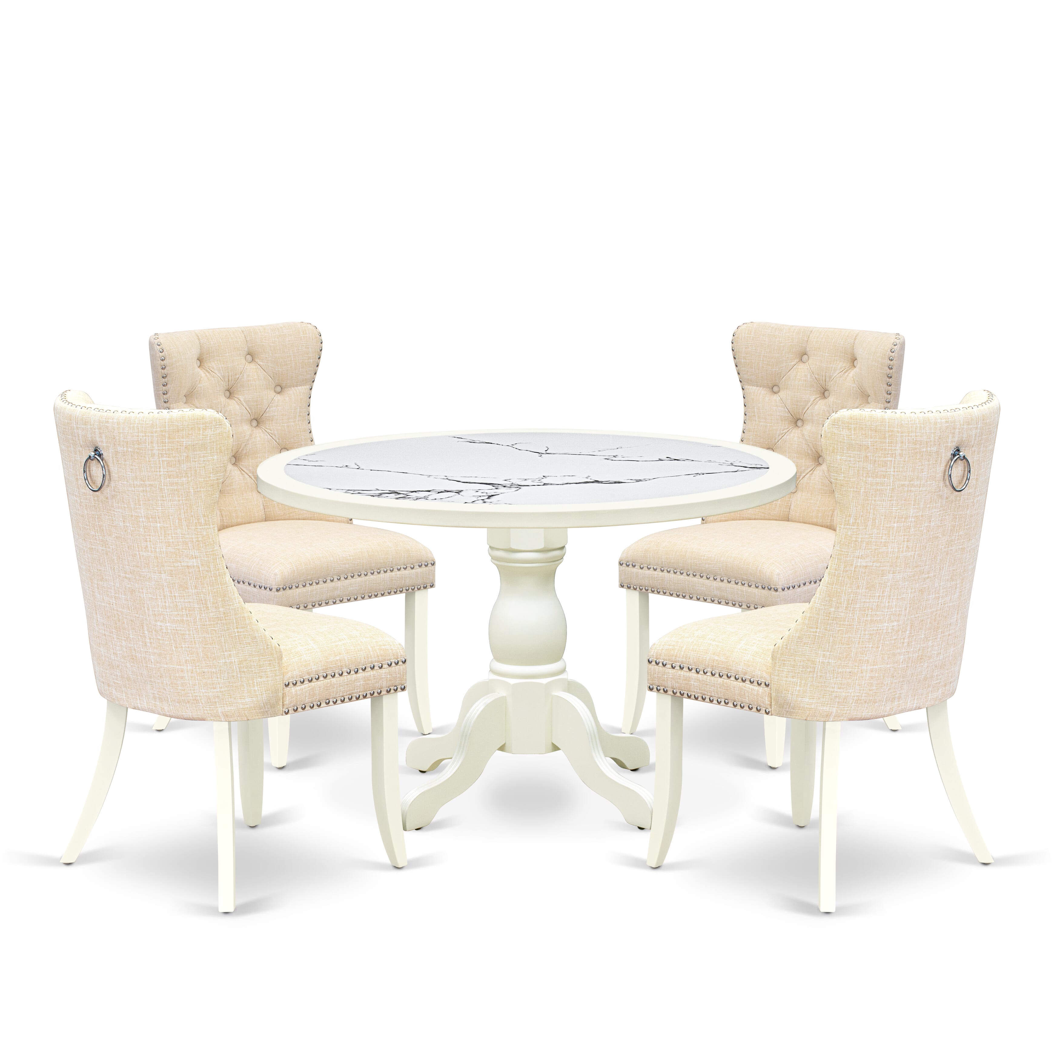 Luxe by East West Furniture 48DA5-204-32 5-Pc Dining Table Set Include a Dining Table with Veined Marble Pattern Tabletop and 4 Light Beige Linen Fabric Chairs, Linen white