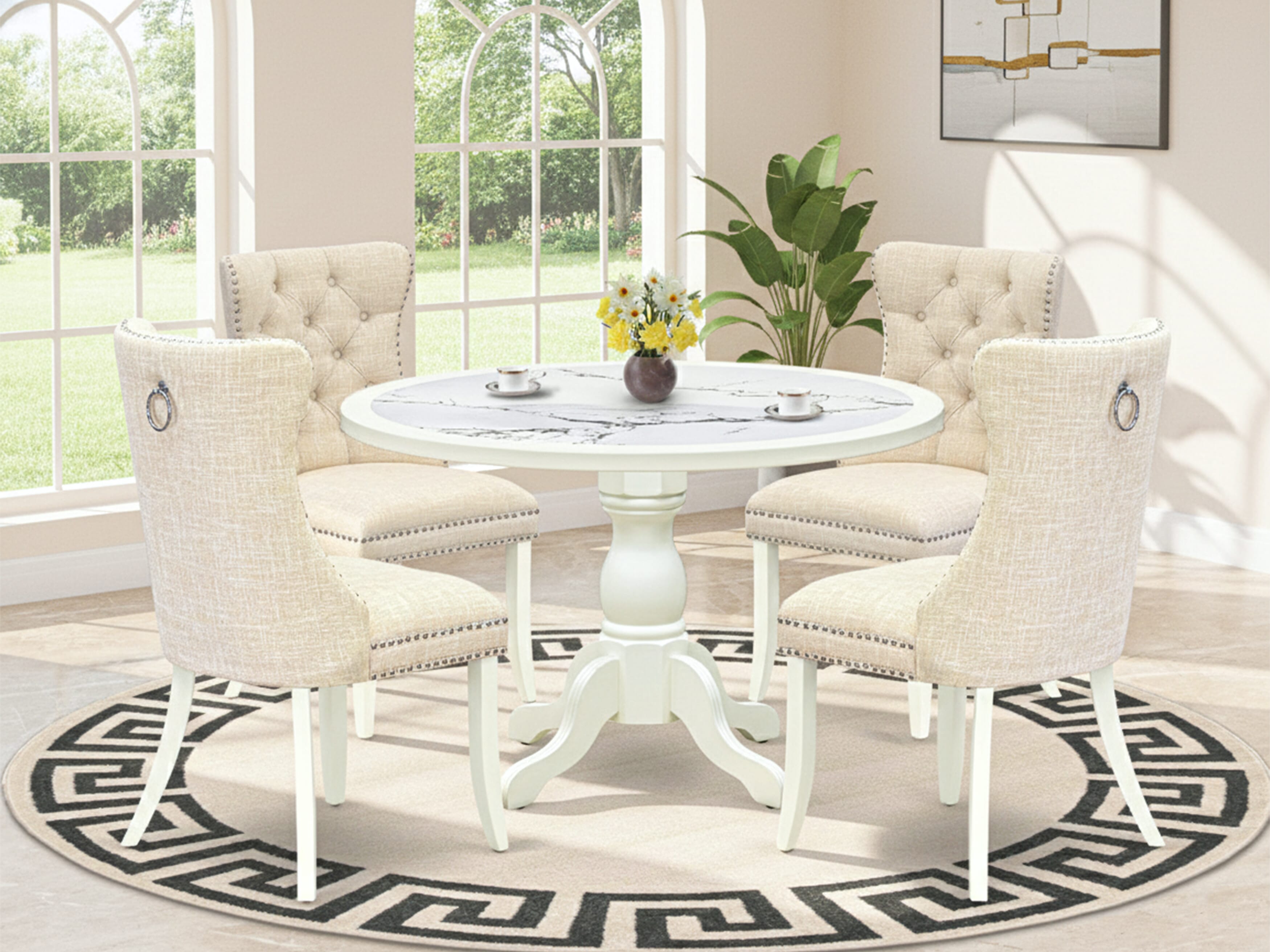 Luxe by East West Furniture 48DA5-204-32 5-Pc Dining Table Set Include a Dining Table with Veined Marble Pattern Tabletop and 4 Light Beige Linen Fabric Chairs, Linen white