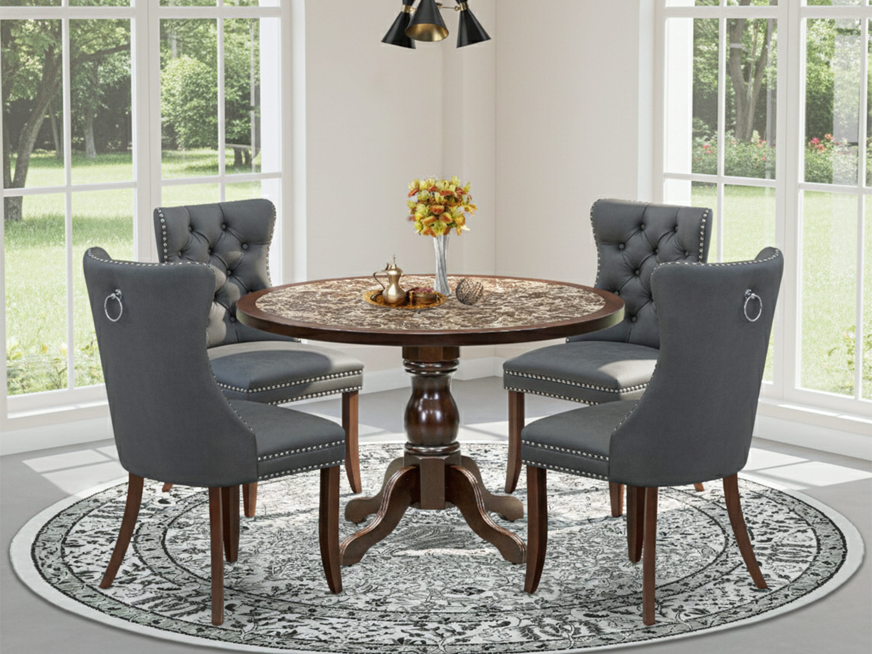 Luxe by East West Furniture 48DA5-312-13 5-Pc Mid Century Dining Set Include a Table with Rippled Sand Marble Pattern Tabletop and 4 Platinum Gray Pu Leather Chairs, Mahogany