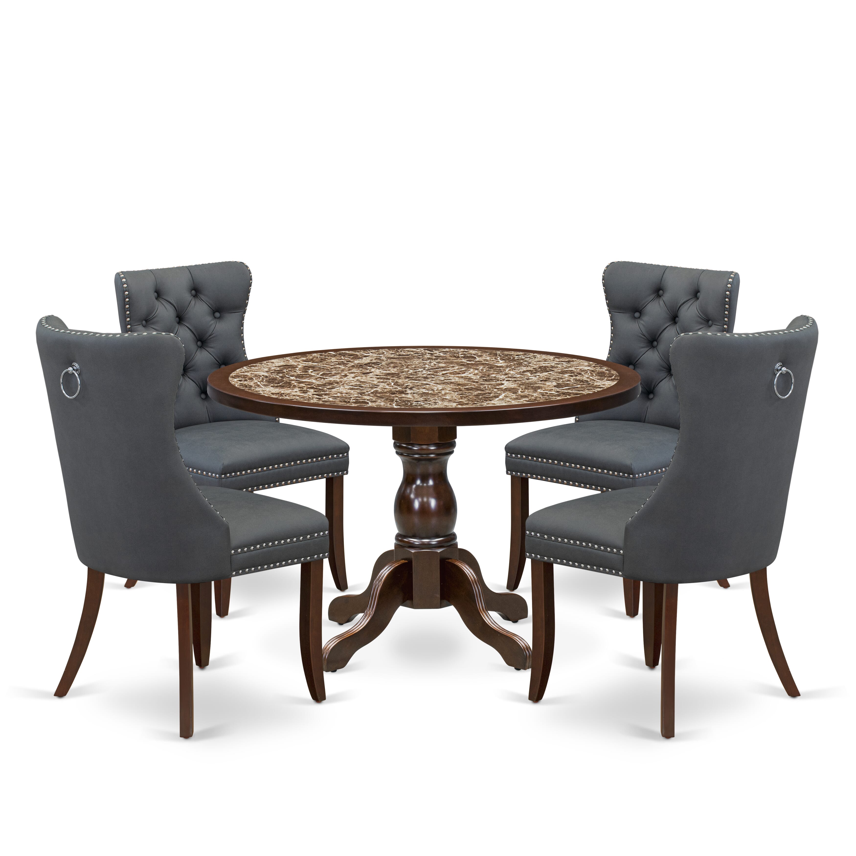 Luxe by East West Furniture 48DA5-312-13 5-Pc Mid Century Dining Set Include a Table with Rippled Sand Marble Pattern Tabletop and 4 Platinum Gray Pu Leather Chairs, Mahogany