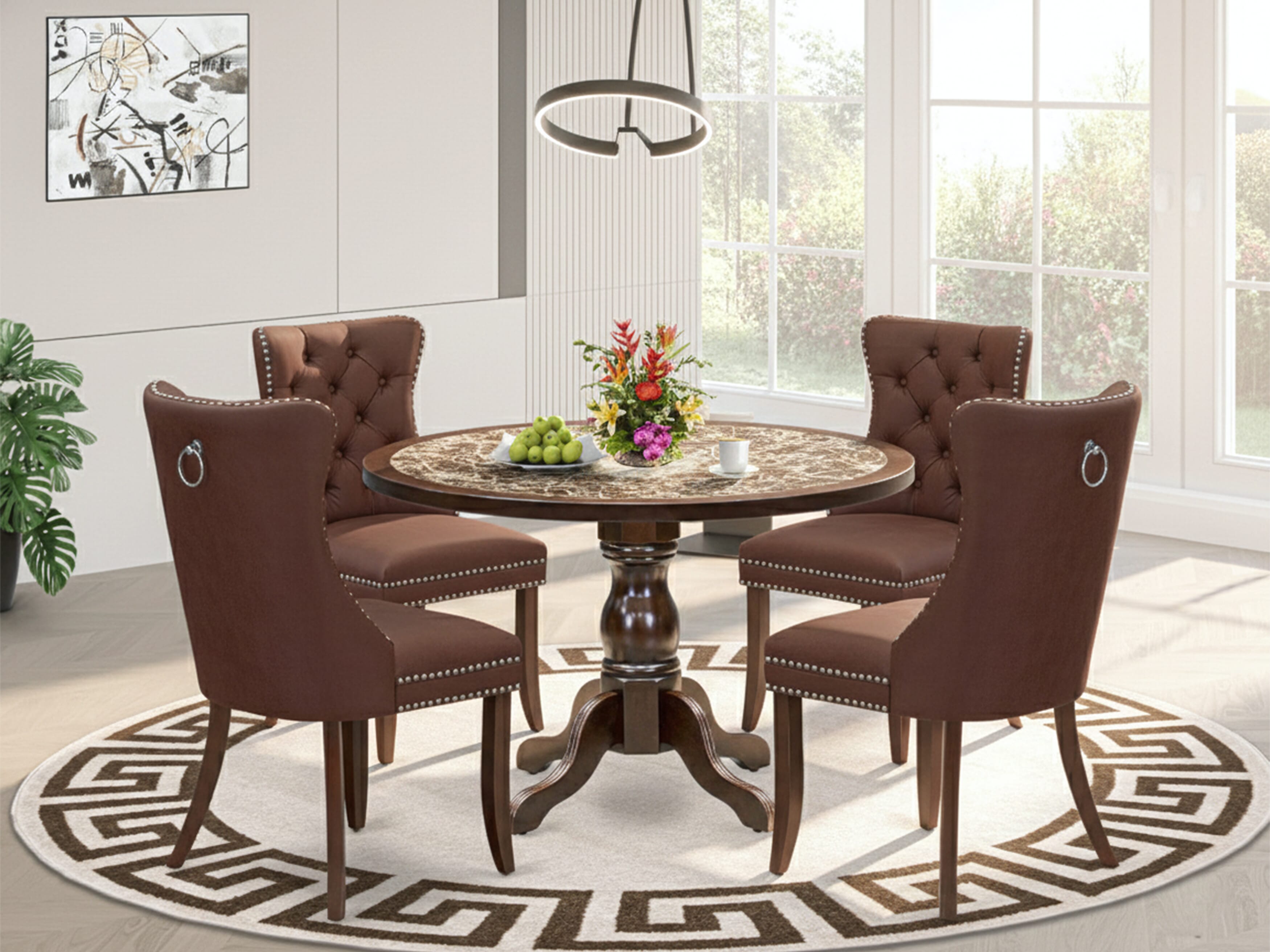 Luxe by East West Furniture 48DA5-312-26 5-Pc Mid Century Modern Set Include a Table with Rippled Sand Marble Pattern Tabletop and 4 Burgundy Faux Leather Chairs, Mahogany