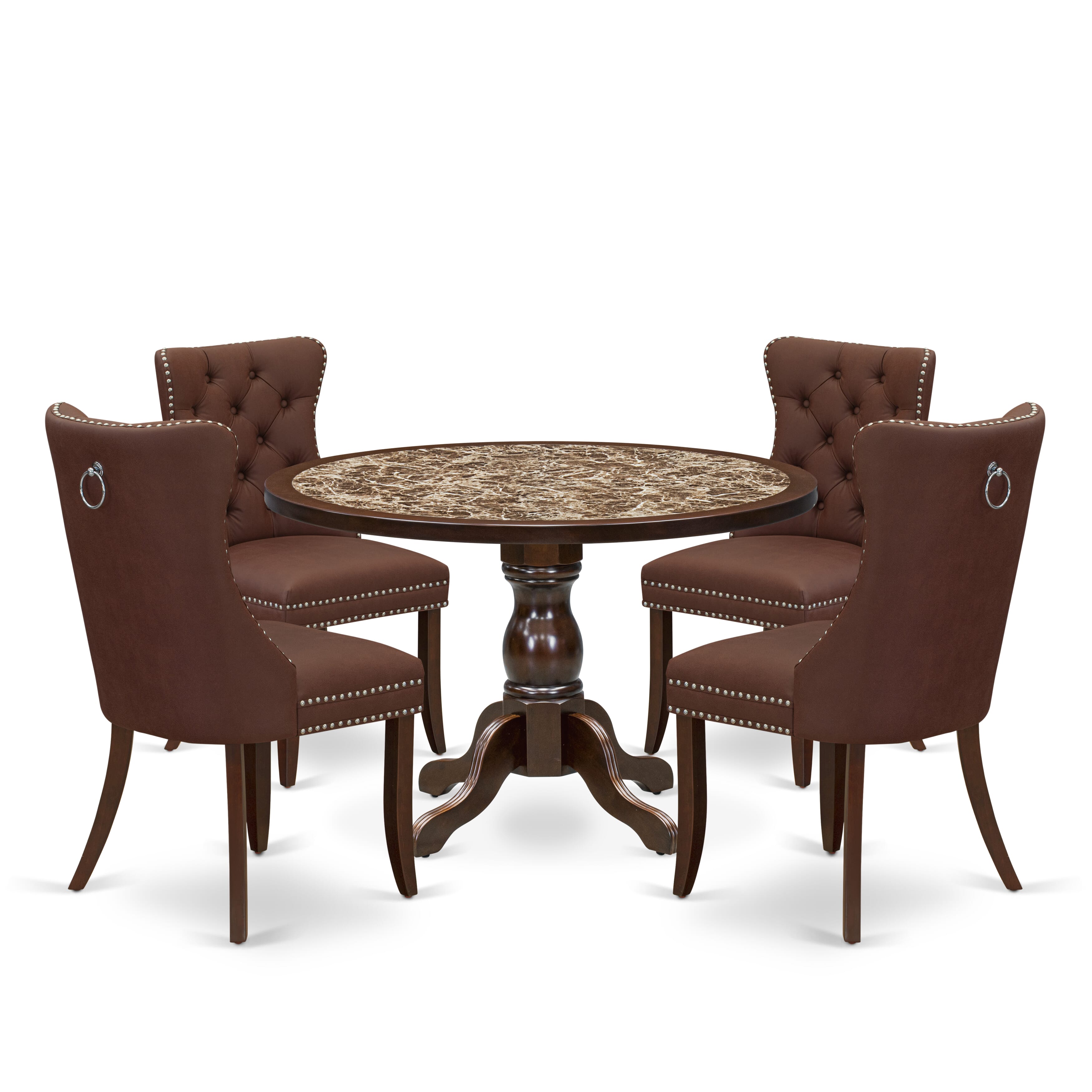 Luxe by East West Furniture 48DA5-312-26 5-Pc Mid Century Modern Set Include a Table with Rippled Sand Marble Pattern Tabletop and 4 Burgundy Faux Leather Chairs, Mahogany