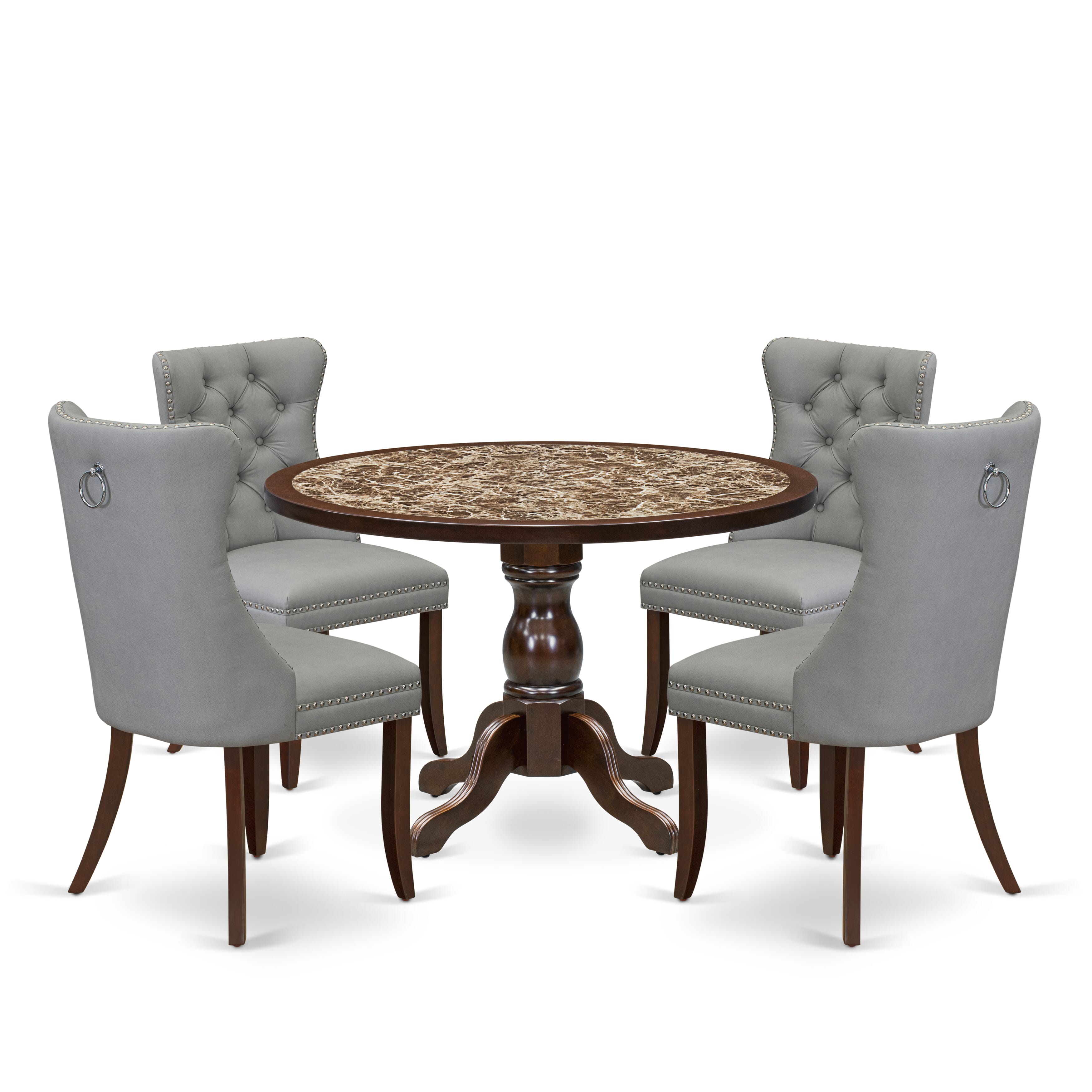 Luxe by East West Furniture 48DA5-312-27 5-Pc Dining Table Set Include a Dining Table with Rippled Sand Marble Pattern Tabletop and 4 Light Gray Faux Leather Chairs, Mahogany