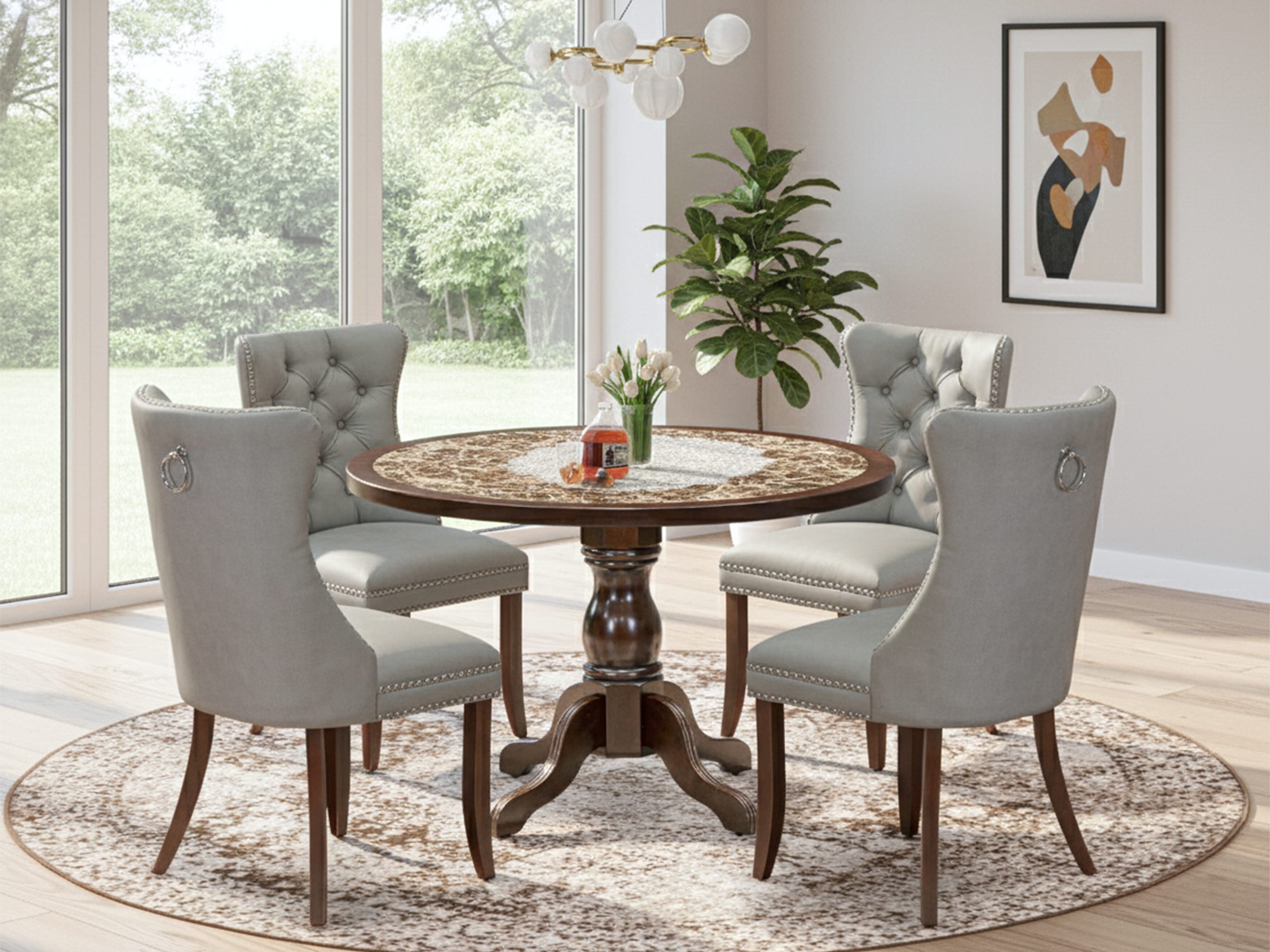 Luxe by East West Furniture 48DA5-312-27 5-Pc Dining Table Set Include a Dining Table with Rippled Sand Marble Pattern Tabletop and 4 Light Gray Faux Leather Chairs, Mahogany
