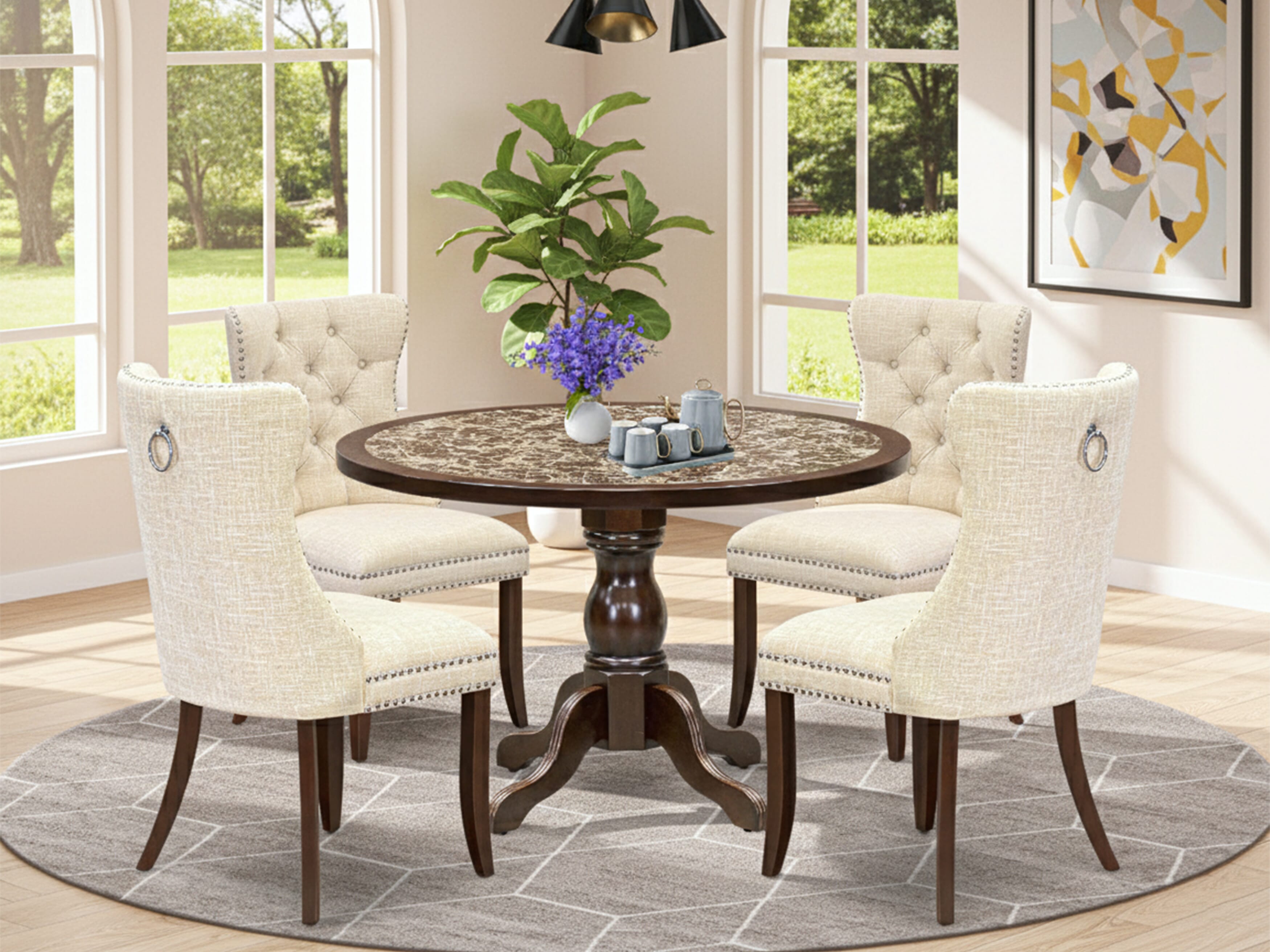 Luxe by East West Furniture 48DA5-312-32 5-Pc Modern Dining Set Include a Dining Table with Rippled Sand Marble Pattern Tabletop and 4 Light Beige Linen Fabric Chairs, Mahogany
