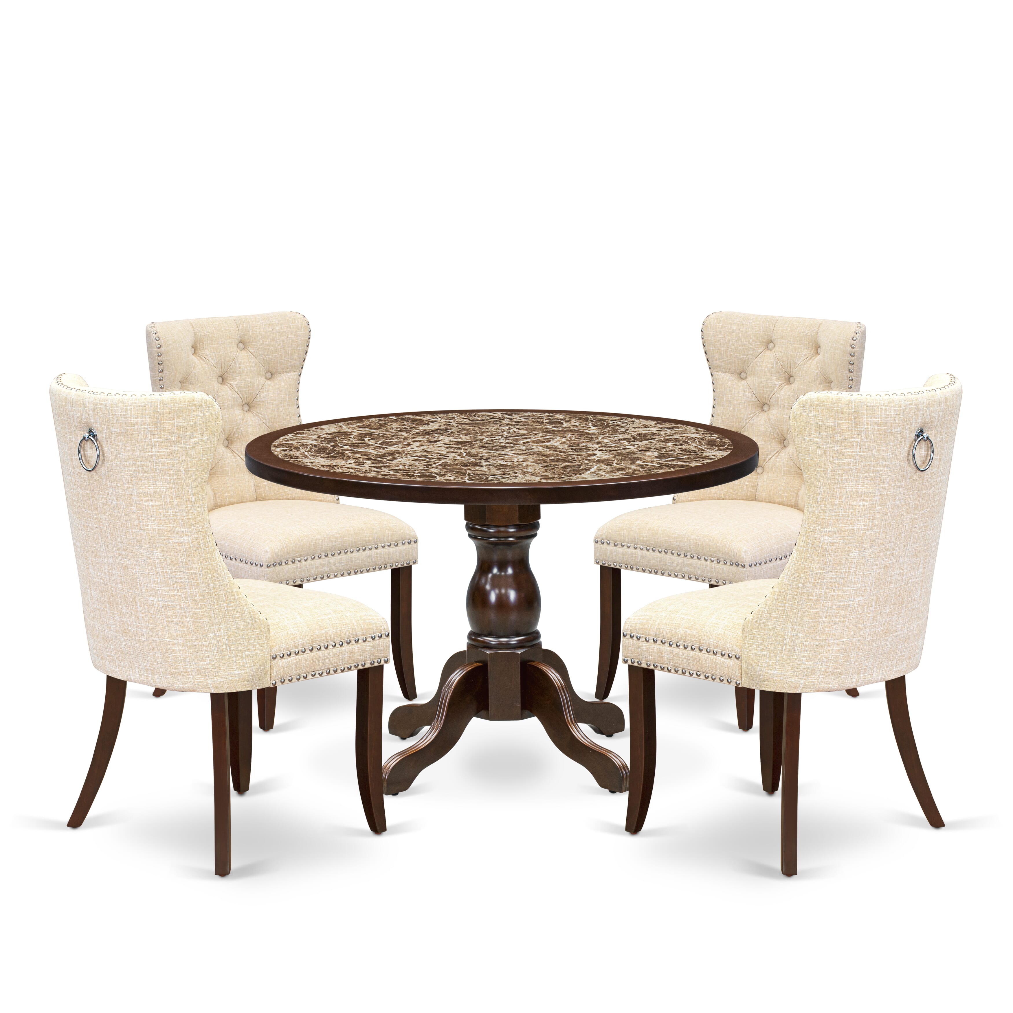 Luxe by East West Furniture 48DA5-312-32 5-Pc Modern Dining Set Include a Dining Table with Rippled Sand Marble Pattern Tabletop and 4 Light Beige Linen Fabric Chairs, Mahogany