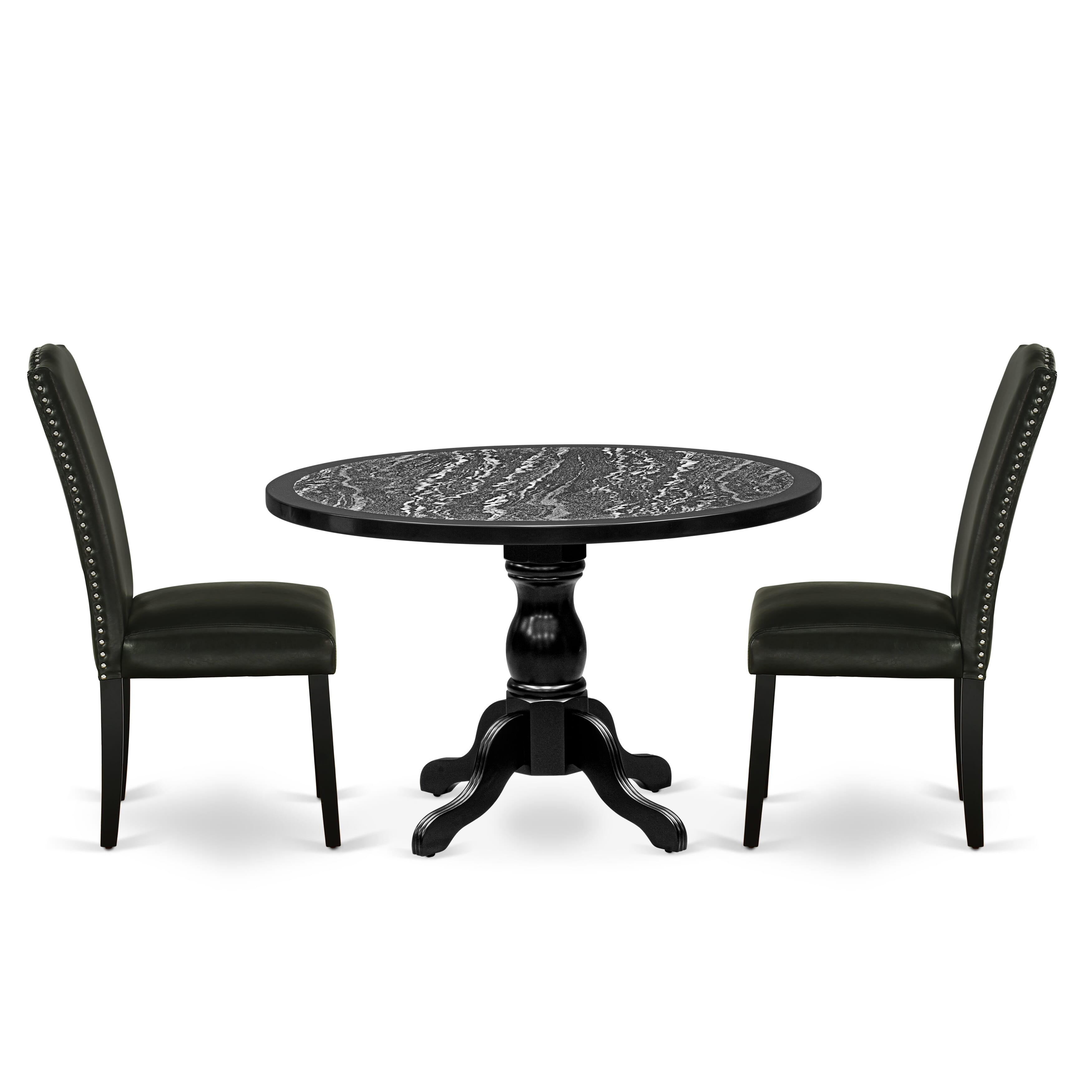 Luxe by East West Furniture 48EN3-109-69 3-piece kitchen dining set Consists a round pedestal table and 2 High Back Parsons chairs with Black Faux Leather, Black finish.