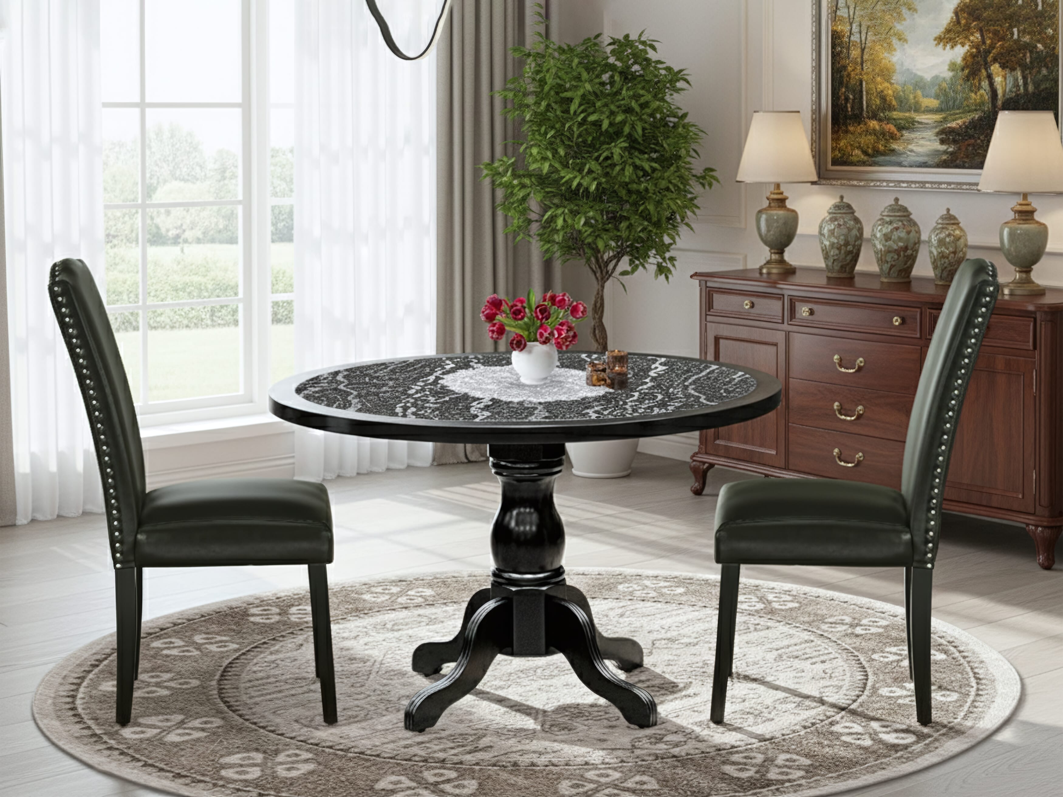 Luxe by East West Furniture 48EN3-109-69 3-piece kitchen dining set Consists a round pedestal table and 2 High Back Parsons chairs with Black Faux Leather, Black finish.