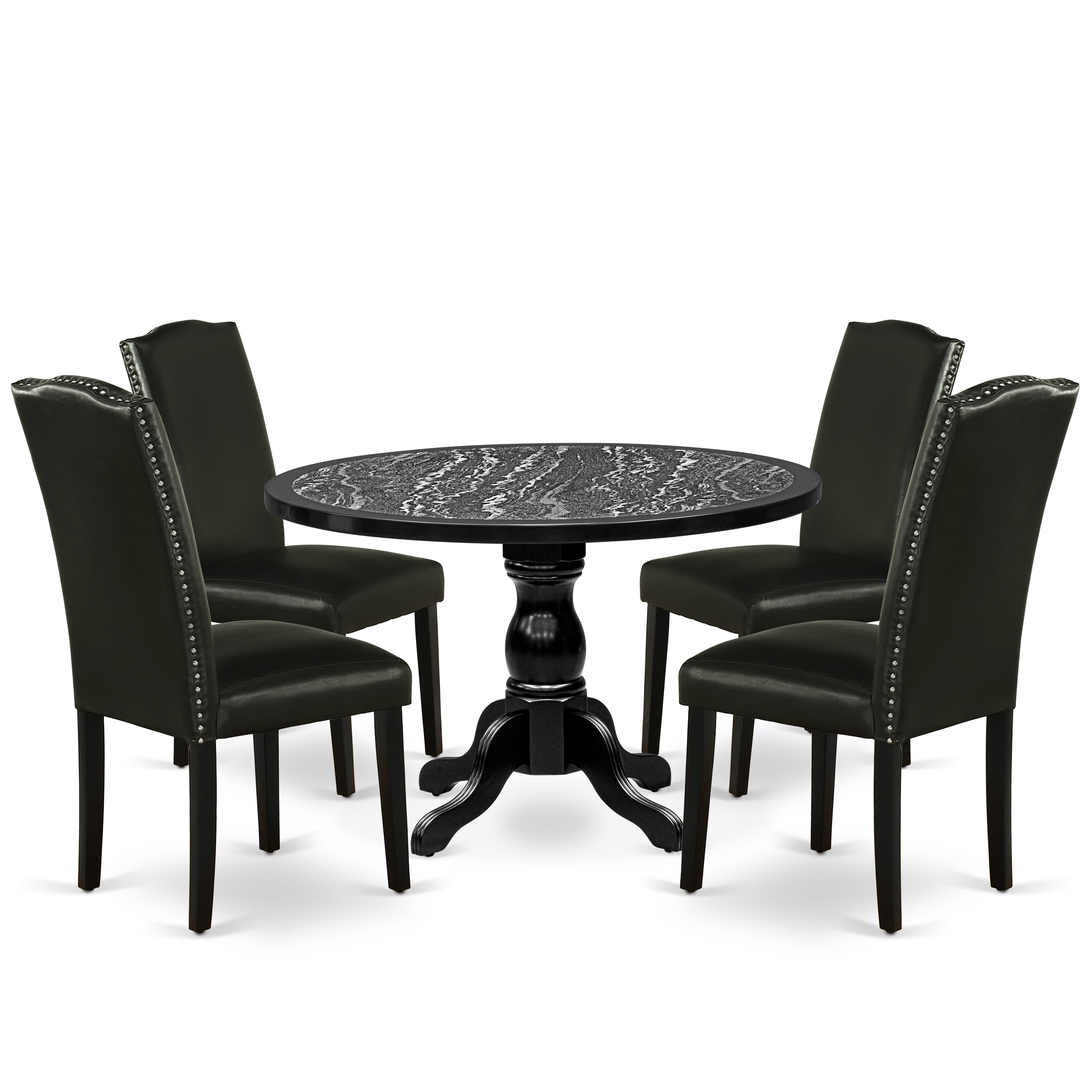 Luxe by East West Furniture 48EN5-109-69 5-Piece modern dining set includes a round pedestal kitchen table and 4 High Back Parsons chairs with Black Faux Leather, Black finish.