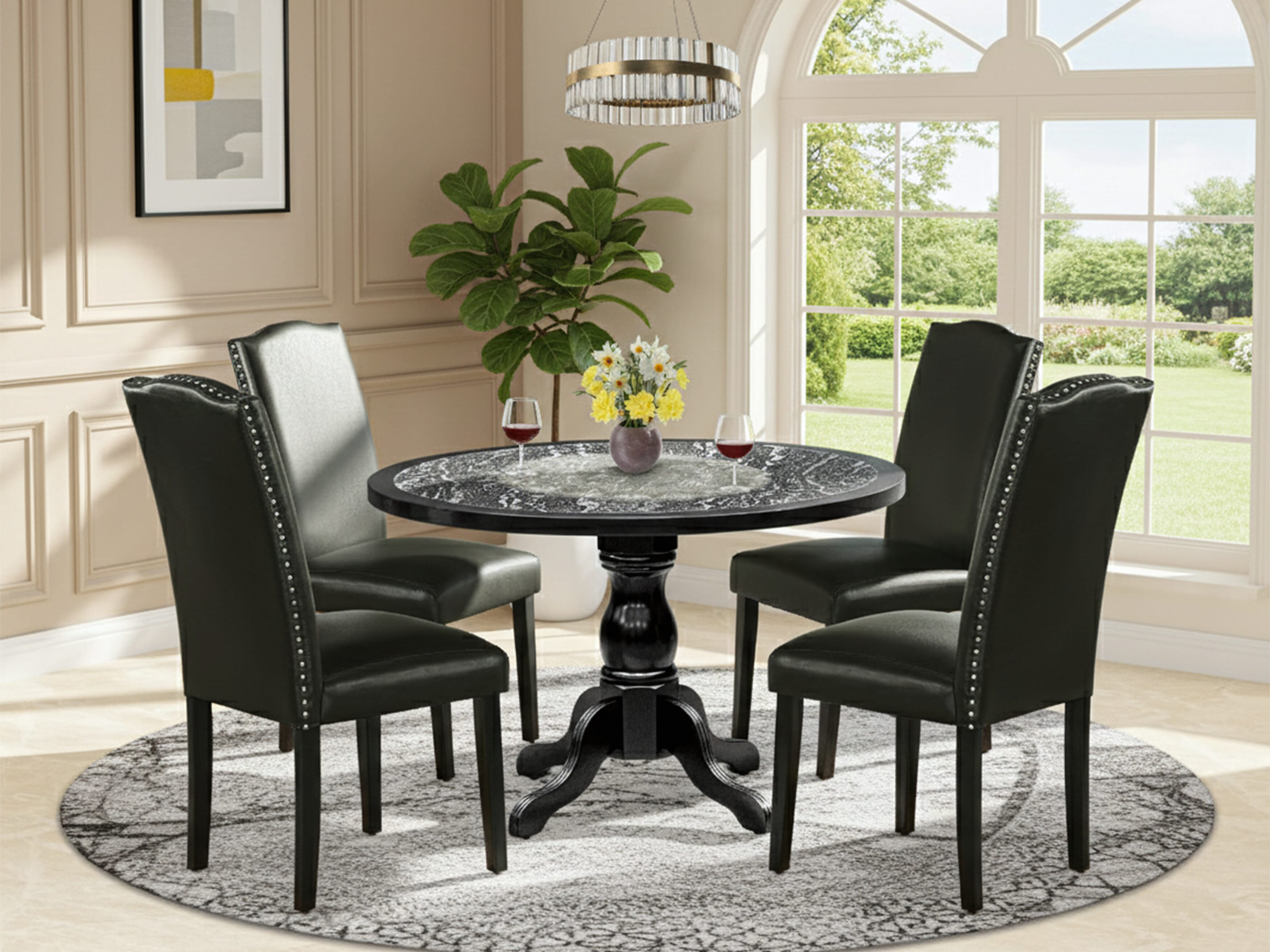 Luxe by East West Furniture 48EN5-109-69 5-Piece modern dining set includes a round pedestal kitchen table and 4 High Back Parsons chairs with Black Faux Leather, Black finish.