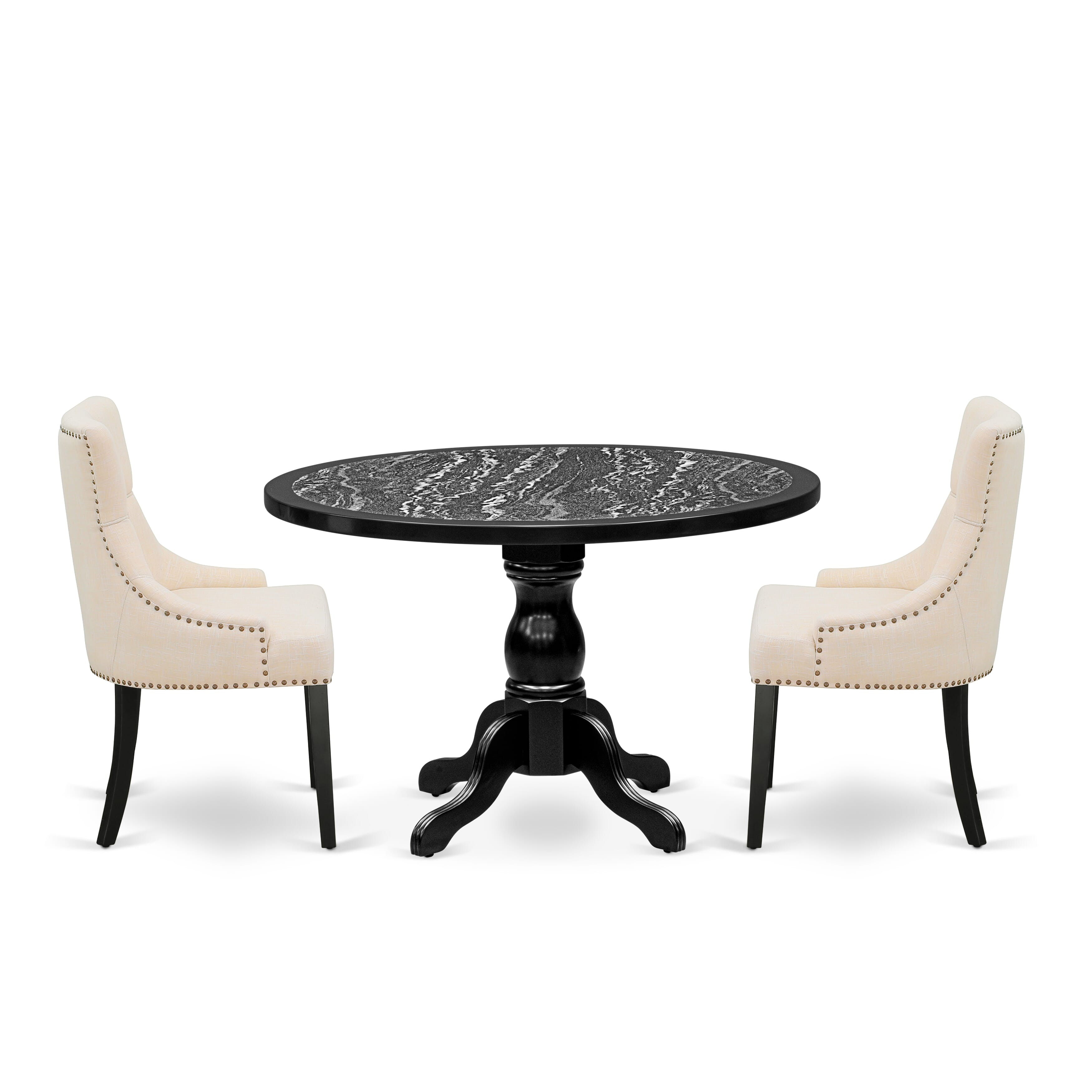Luxe by East West Furniture 48FR3-109-02 3-piece kitchen table set Consists a pedestal table and 2 Button Tufted Parsons chairs with Light Beige Linen Fabric, Black finish.