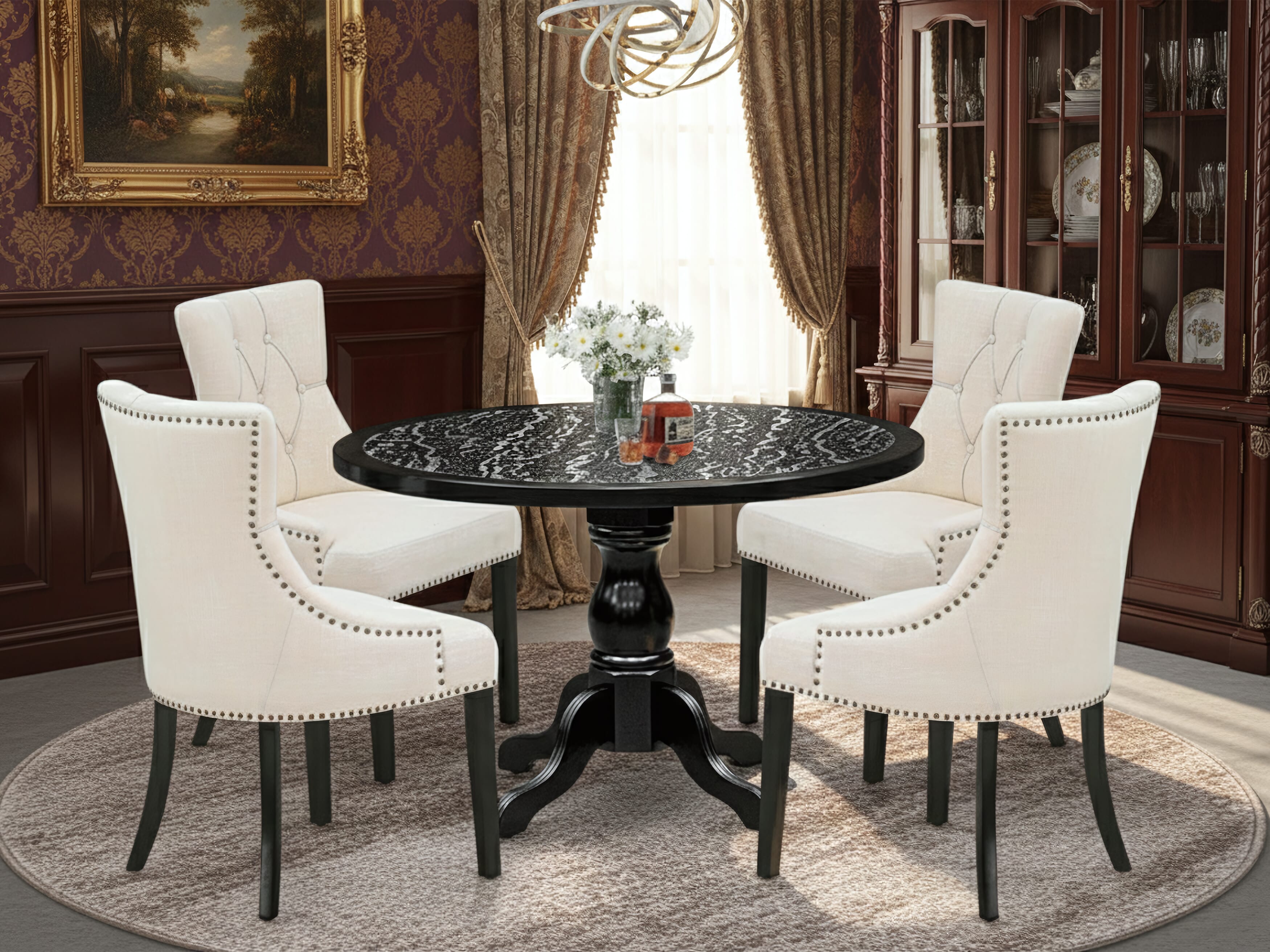 Luxe by East West Furniture 48FR5-109-02 5-Piece dining table set includes a pedestal dining table and 4 Button Tufted Parsons chairs with Light Beige Linen Fabric, Black finish.