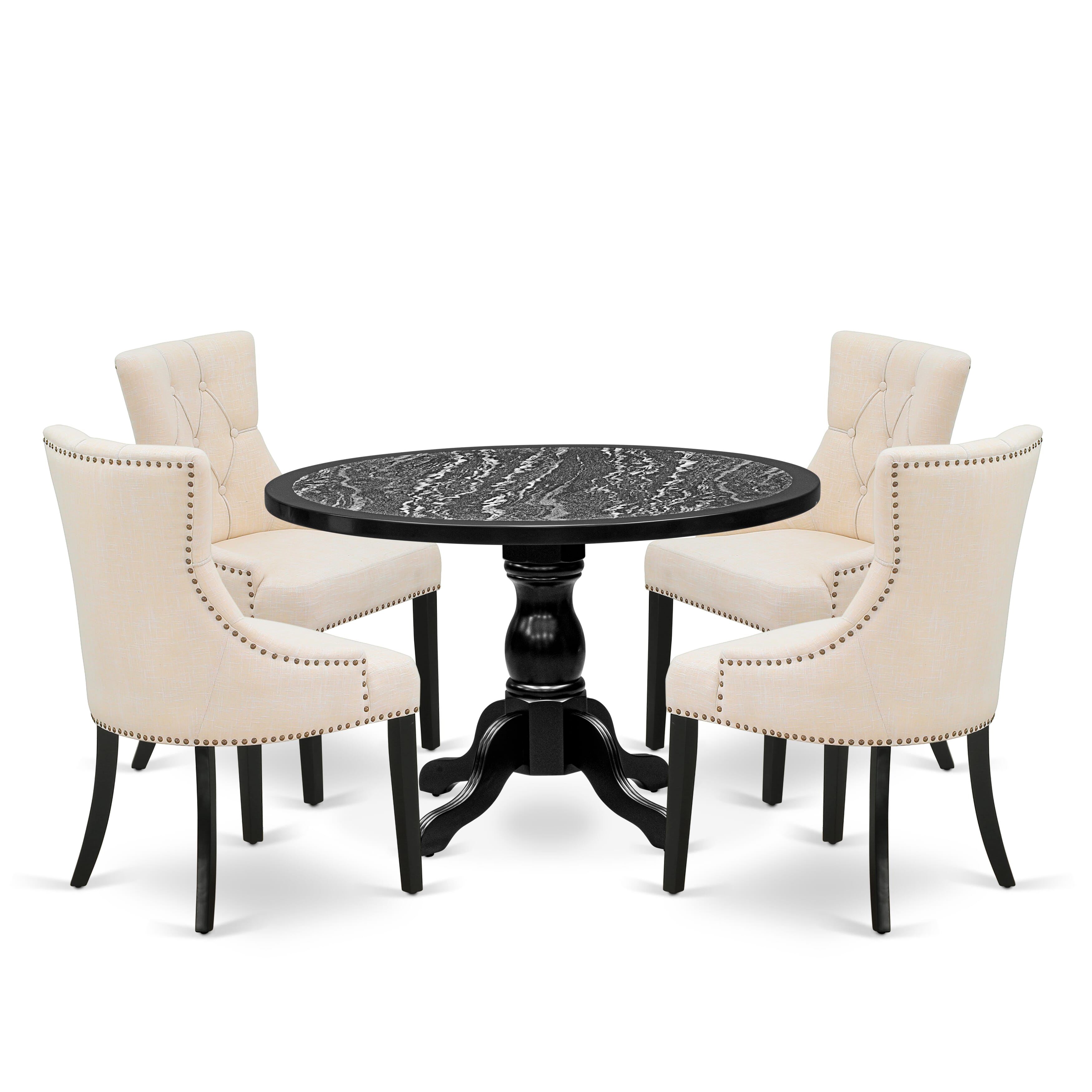 Luxe by East West Furniture 48FR5-109-02 5-Piece dining table set includes a pedestal dining table and 4 Button Tufted Parsons chairs with Light Beige Linen Fabric, Black finish.