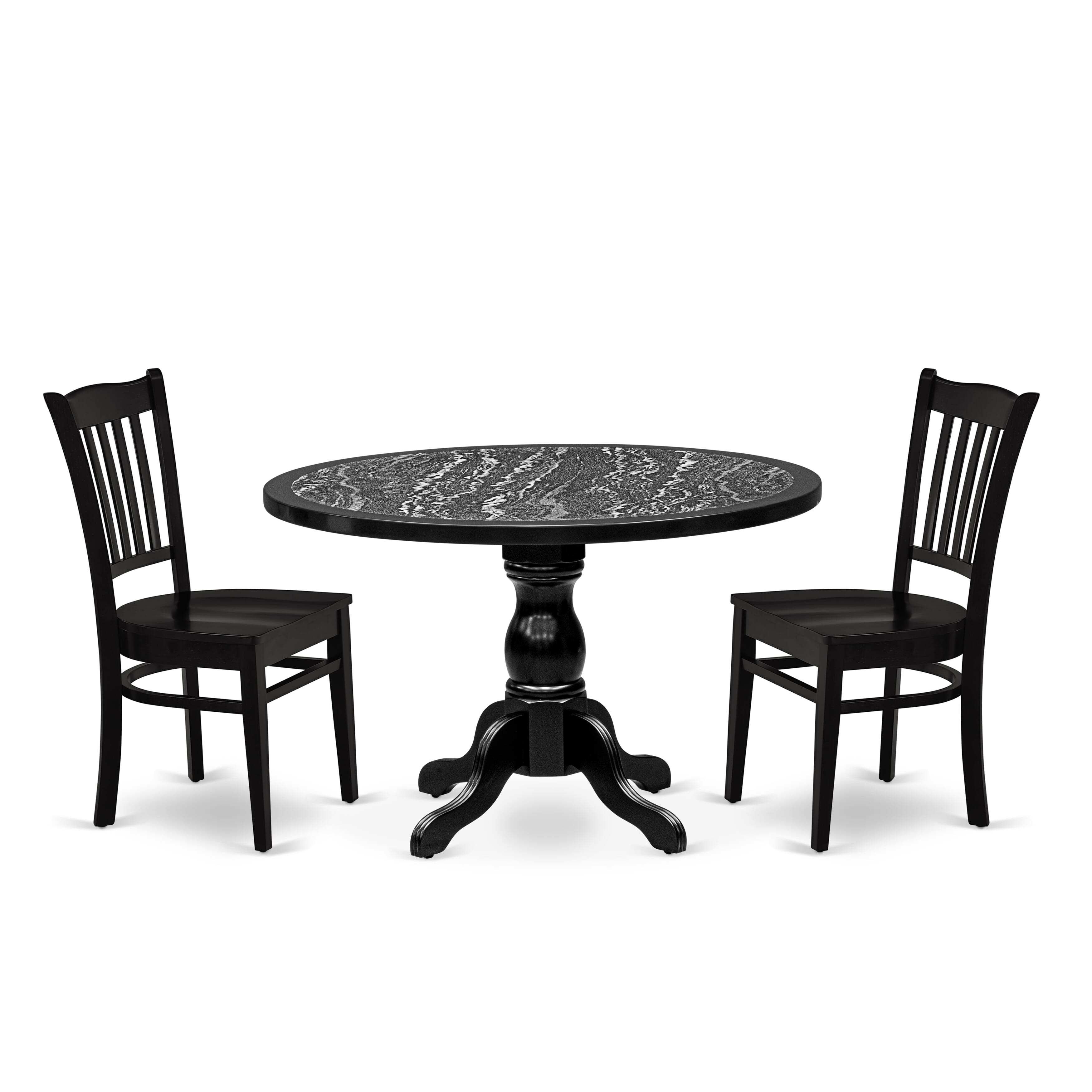 Luxe by East West Furniture 48GR3-109-W 3-Piece Dining Set Consists a round pedestal table and 2 Slatted Back kitchen chairs, Black finish.