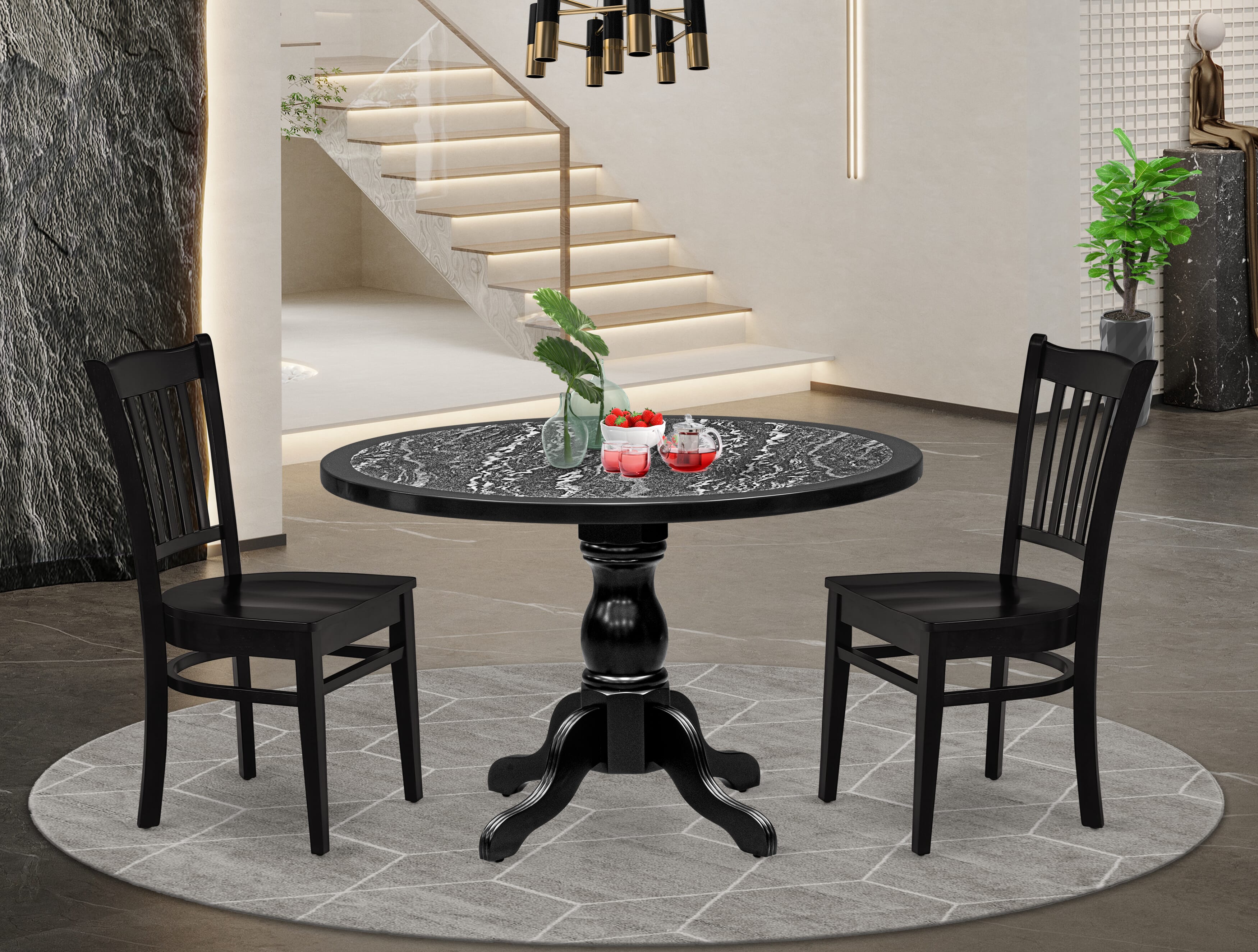 Luxe by East West Furniture 48GR3-109-W 3-Piece Dining Set Consists a round pedestal table and 2 Slatted Back kitchen chairs, Black finish.