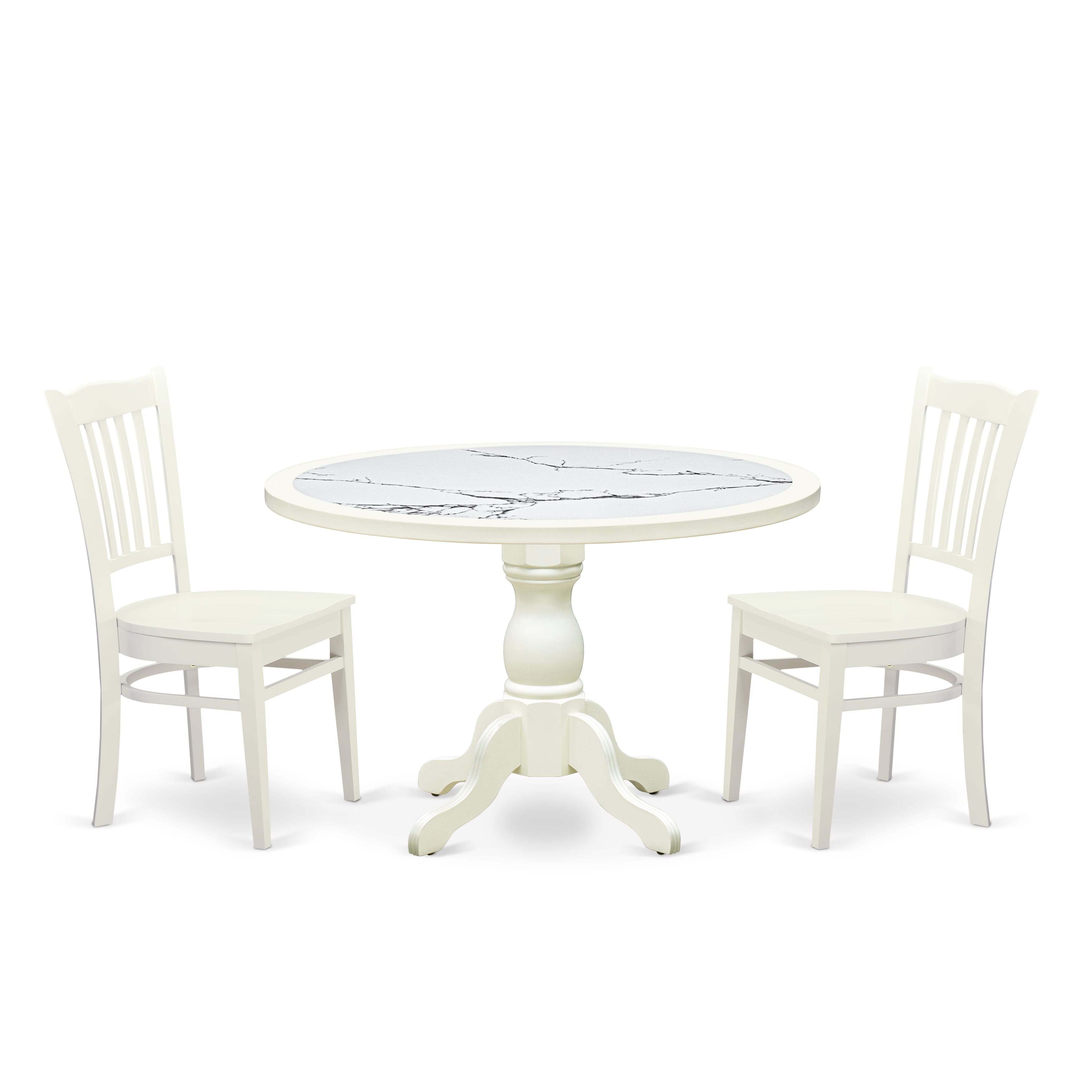 Luxe by East West Furniture 48GR3-204-W 3-Pc Mid Century Modern Dining Set Include a Dining Table with Veined Marble Pattern Tabletop and 2 Wooden Chairs, Linen white