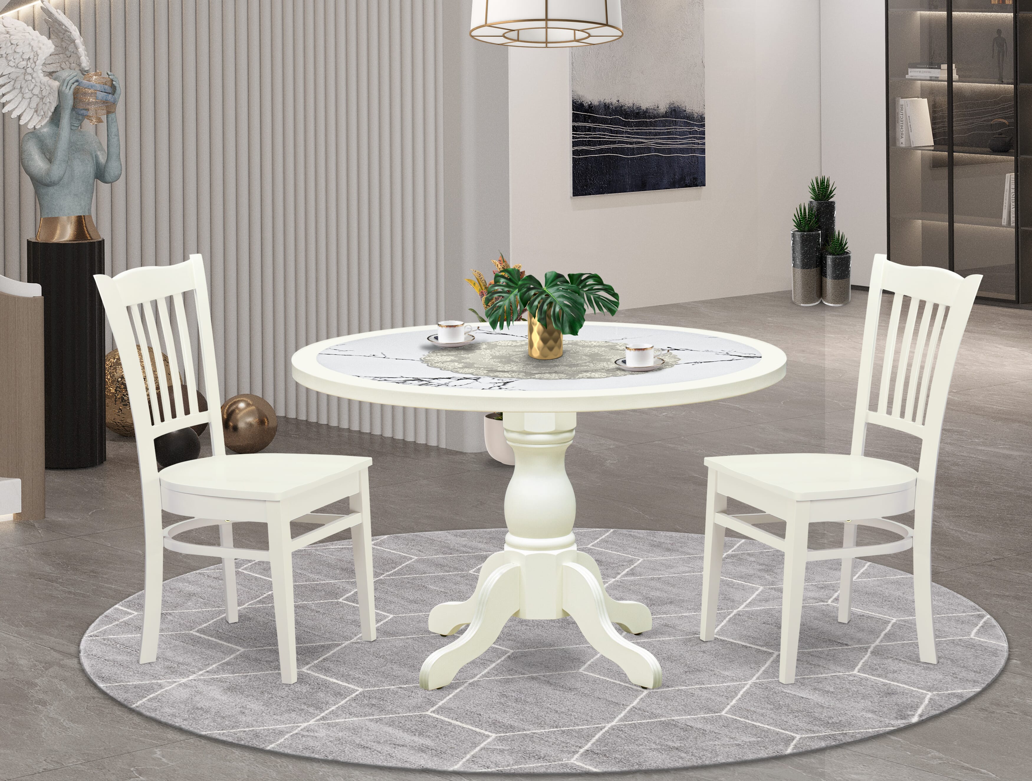 Luxe by East West Furniture 48GR3-204-W 3-Pc Mid Century Modern Dining Set Include a Dining Table with Veined Marble Pattern Tabletop and 2 Wooden Chairs, Linen white