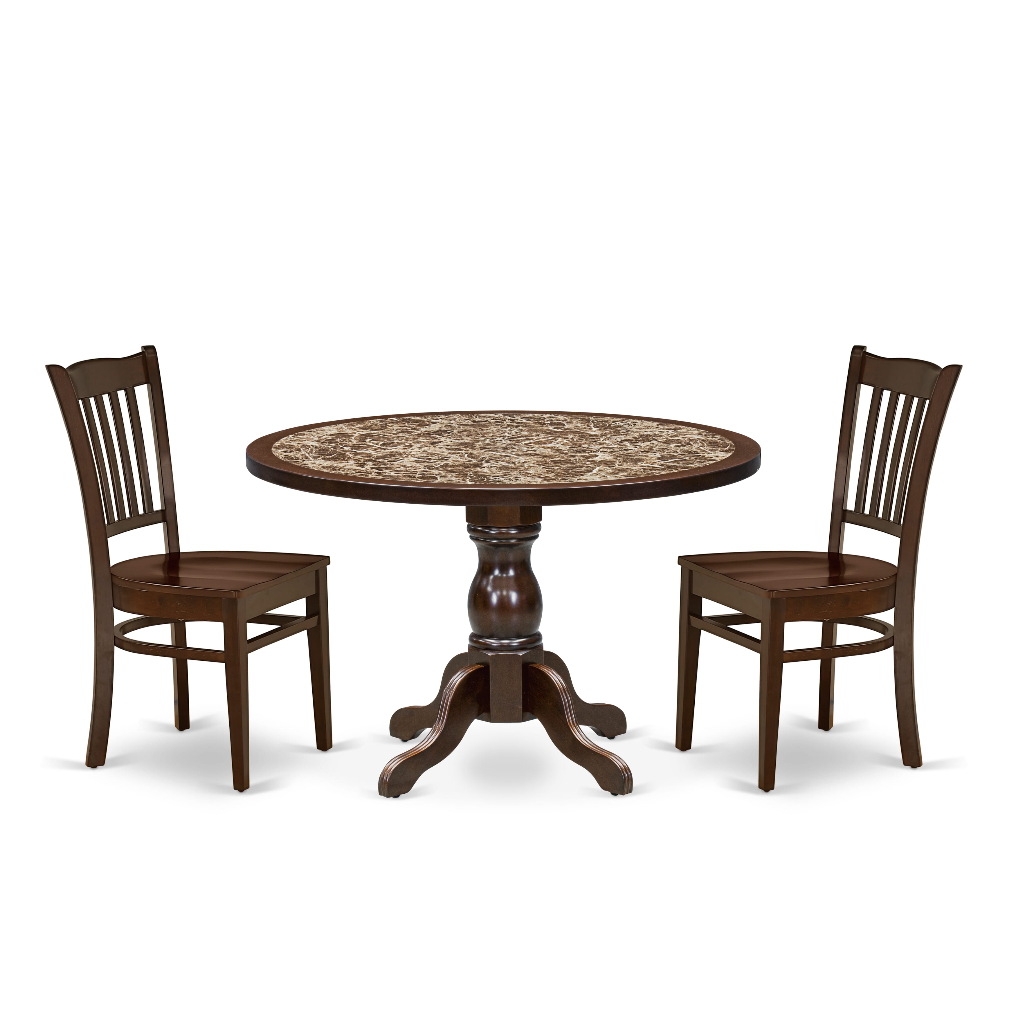 Luxe by East West Furniture 48GR3-312-W 3-Pc Mid Century Dining Set Include a Dining Table with Rippled Sand Marble Pattern Tabletop and 2 Wooden Chairs, Mahogany