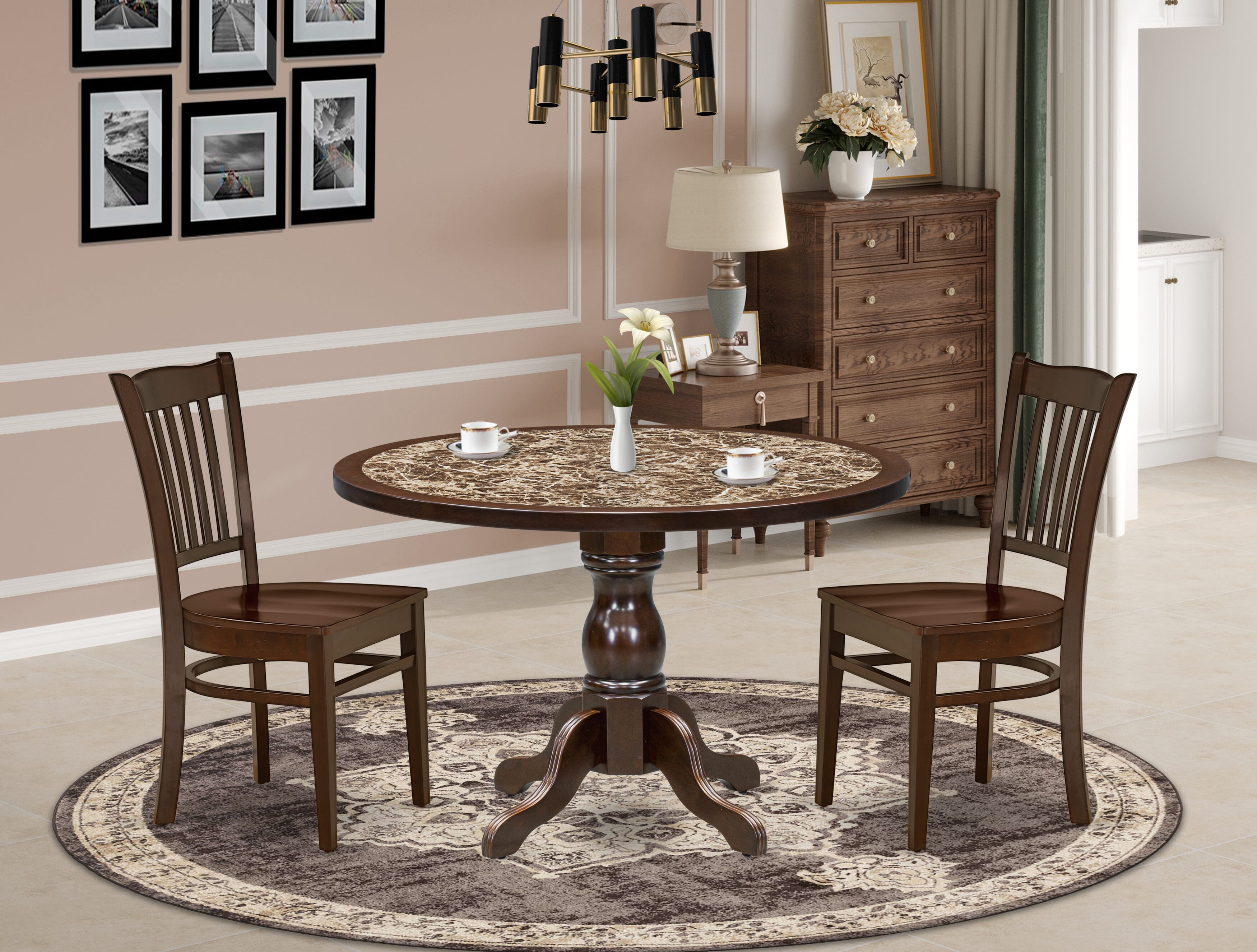 Luxe by East West Furniture 48GR3-312-W 3-Pc Mid Century Dining Set Include a Dining Table with Rippled Sand Marble Pattern Tabletop and 2 Wooden Chairs, Mahogany