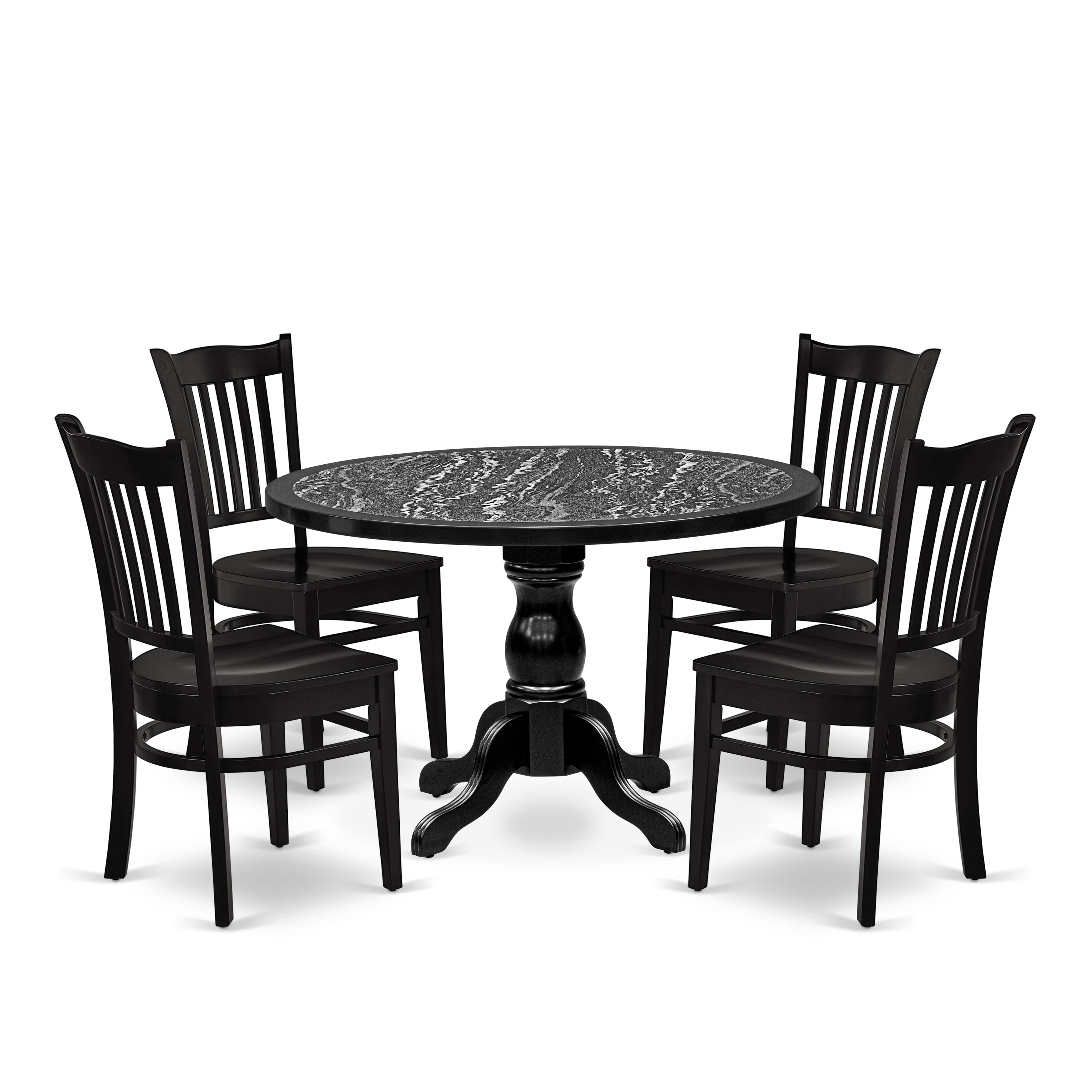 Luxe by East West Furniture 48GR5-109-W 5-piece modern table set includes a round pedestal kitchen table and 4 Slatted Back dining chairs, Black finish.