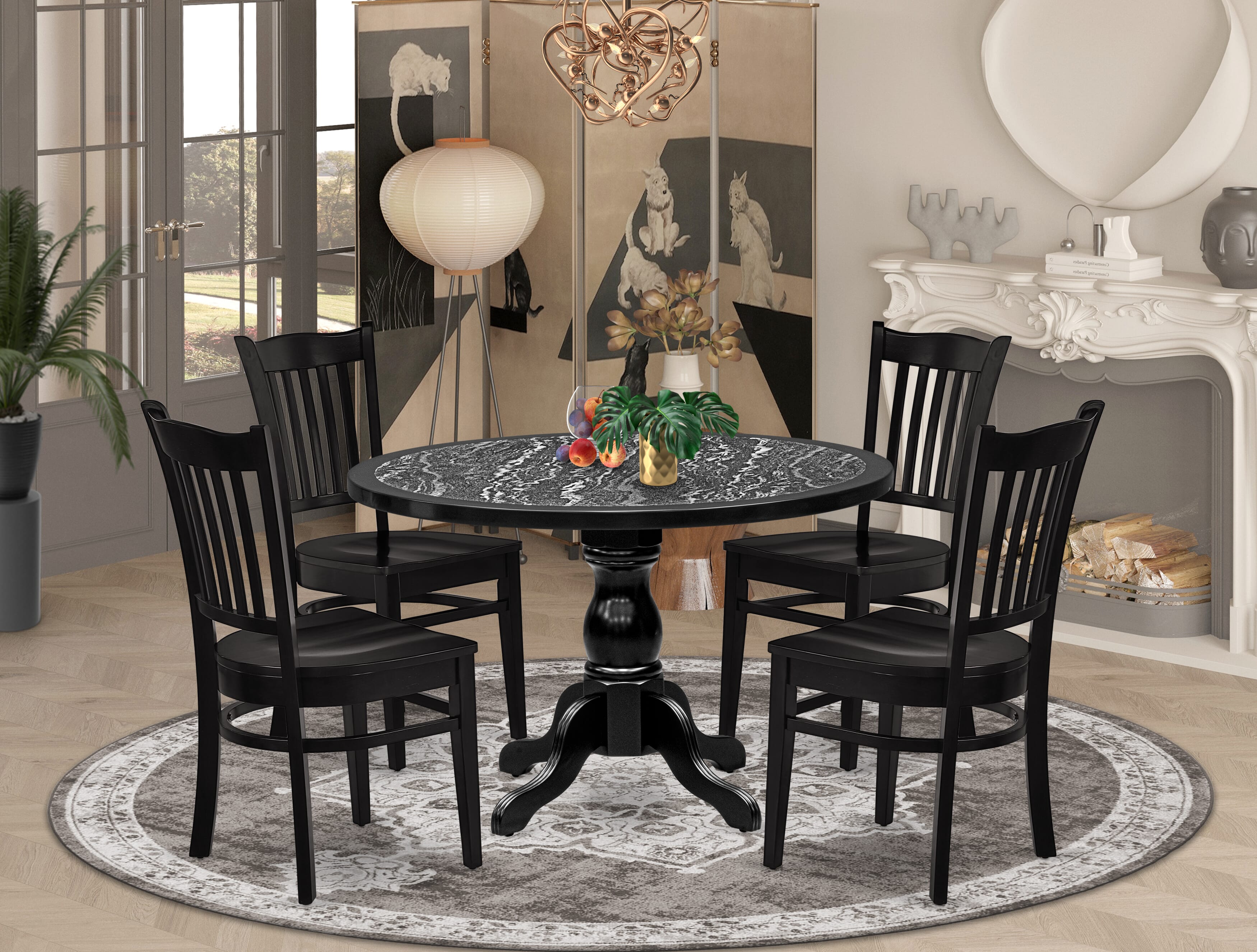 Luxe by East West Furniture 48GR5-109-W 5-piece modern table set includes a round pedestal kitchen table and 4 Slatted Back dining chairs, Black finish.