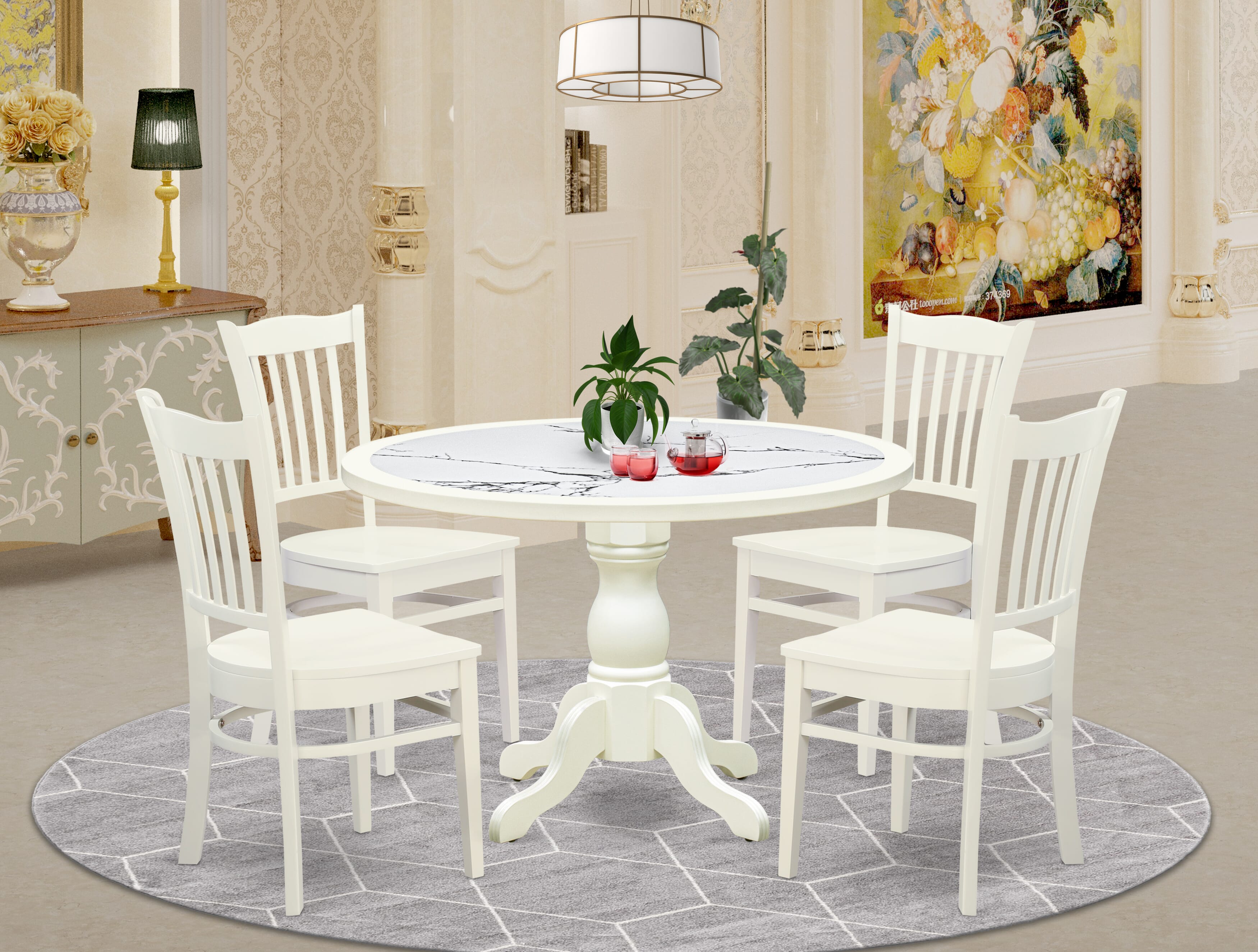 Luxe by East West Furniture 48GR5-204-W 5-Pc Dining Room Table Set Include a Dining Table with Veined Marble Pattern Tabletop and 4 Wooden Chairs, Linen white