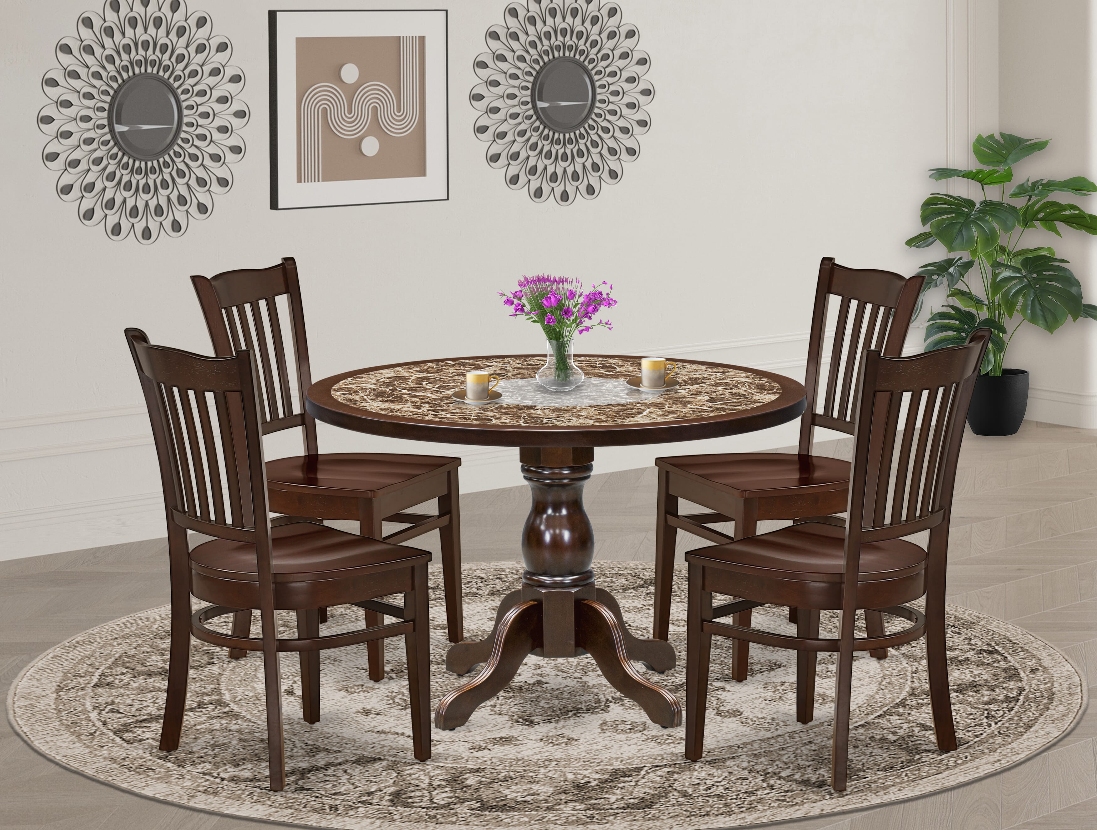 Luxe by East West Furniture 48GR5-312-W 5-Pc Kitchen Dining Table Set Include a Dining Table with Rippled Sand Marble Pattern Tabletop and 4 Wooden Chairs, Mahogany