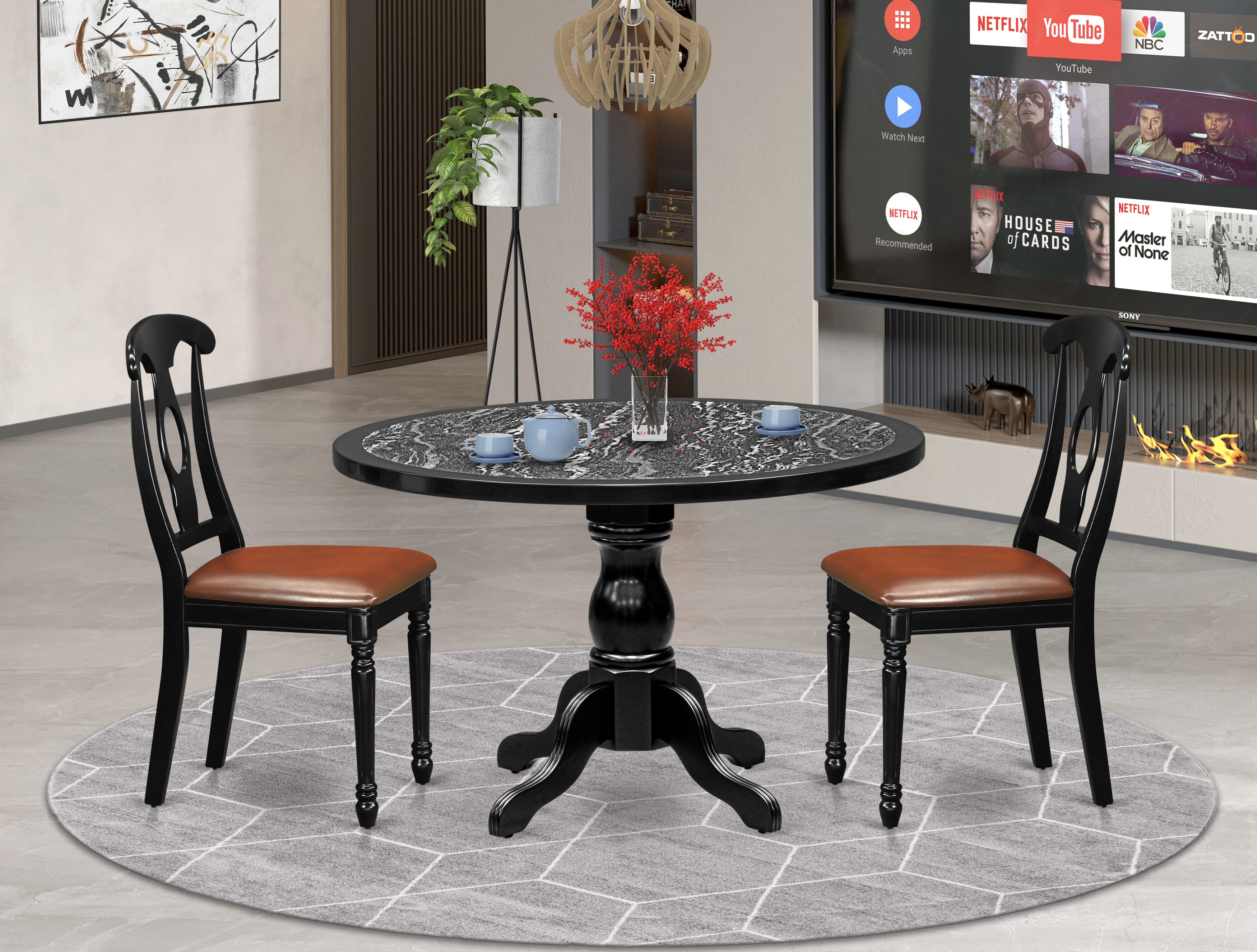 Luxe by East West Furniture 48KE3-109-LC 3-piece dinner table Set Consists a pedestal dining table and 2 Napoleon Back kitchen chairs, Black finish.