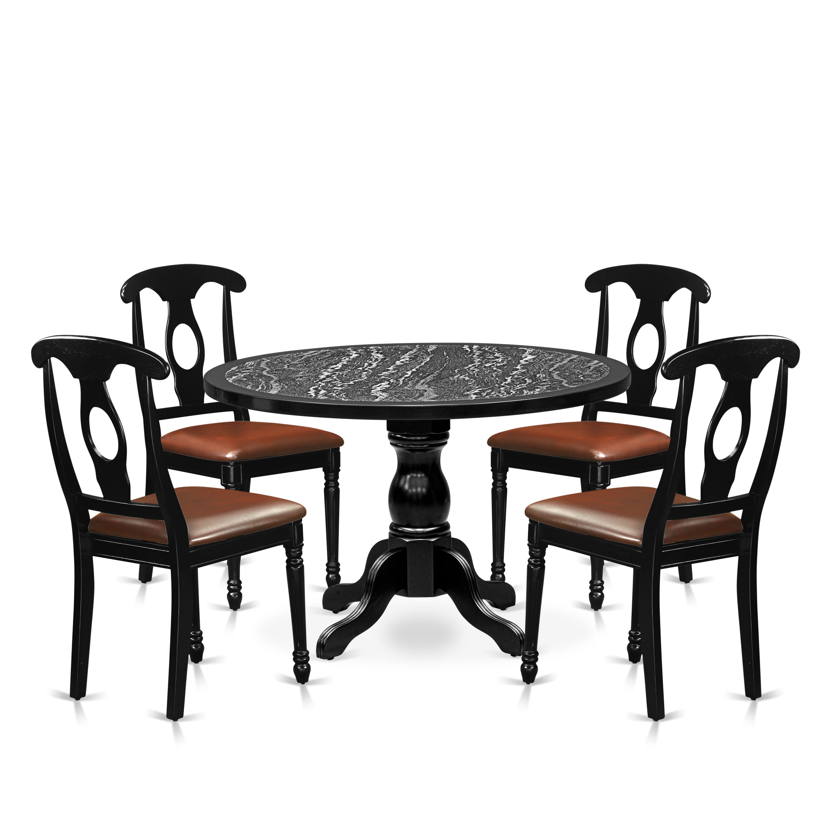 Luxe by East West Furniture 48KE5-109-LC 5-piece kitchen table set includes a pedestal breakfast table and 4 Napoleon Back modern dining chairs, Black finish.