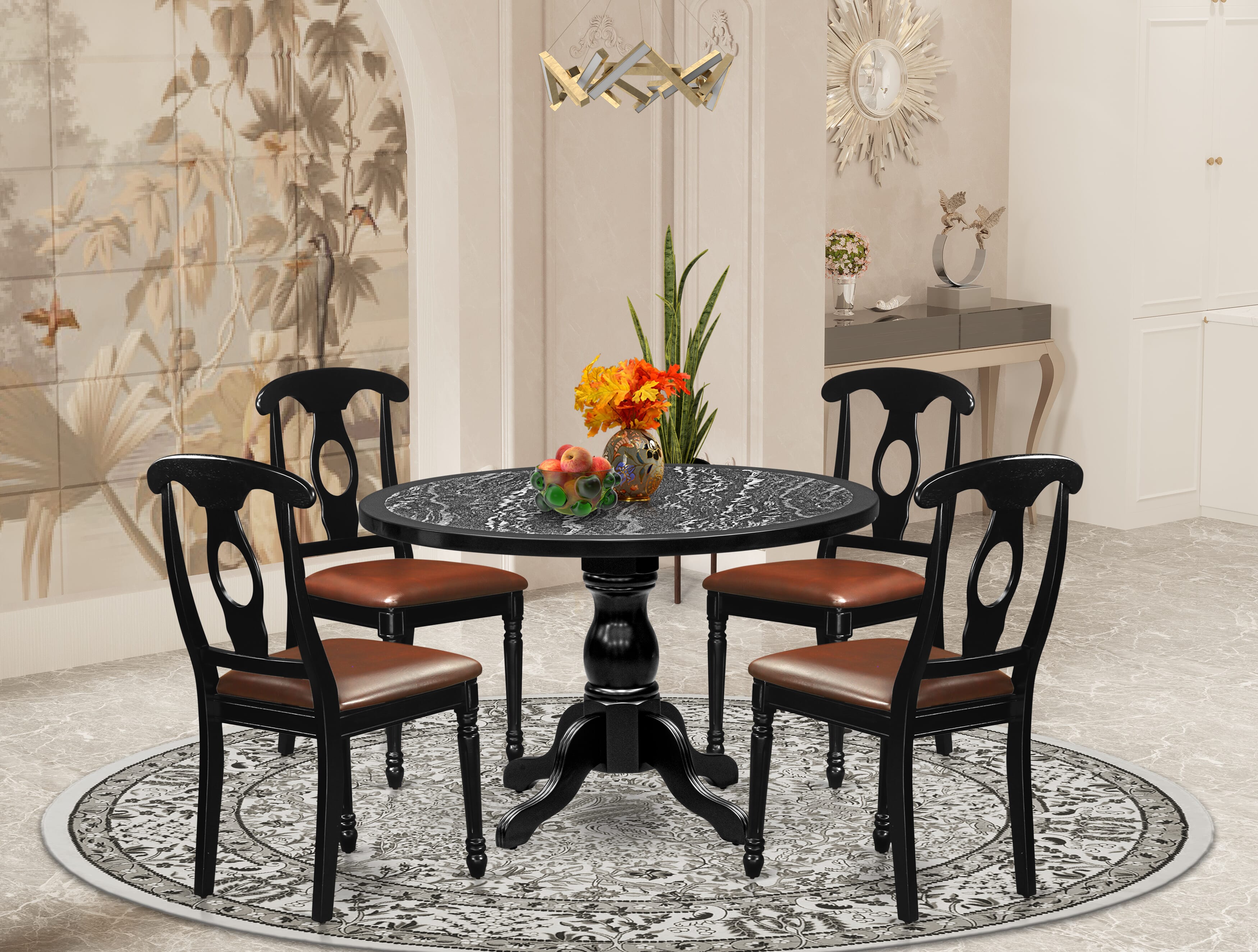 Luxe by East West Furniture 48KE5-109-LC 5-piece kitchen table set includes a pedestal breakfast table and 4 Napoleon Back modern dining chairs, Black finish.