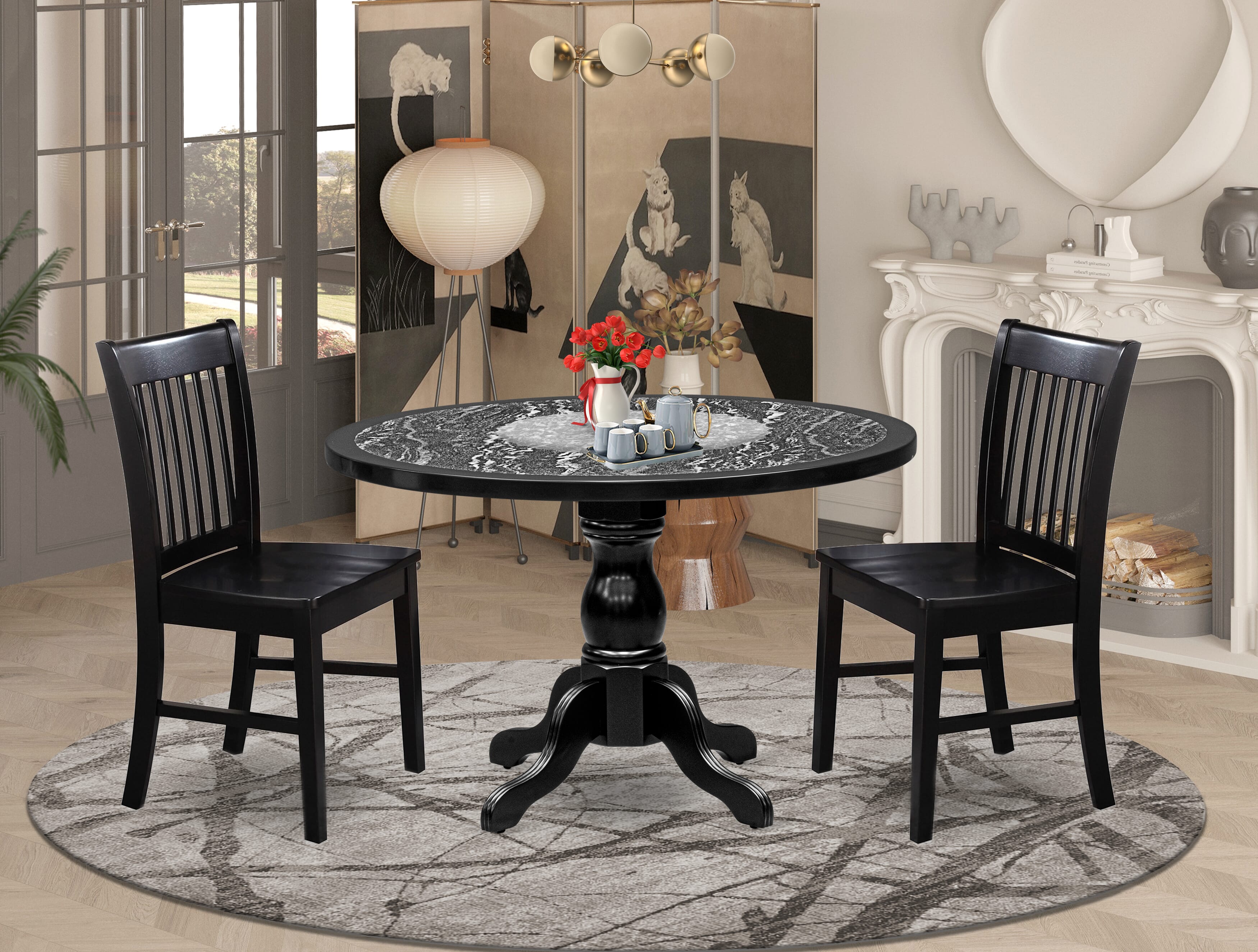 Luxe by East West Furniture 48NF3-109-W 3-piece dining room set Consists a round pedestal table and 2 Slatted Back kitchen chairs, Black finish.