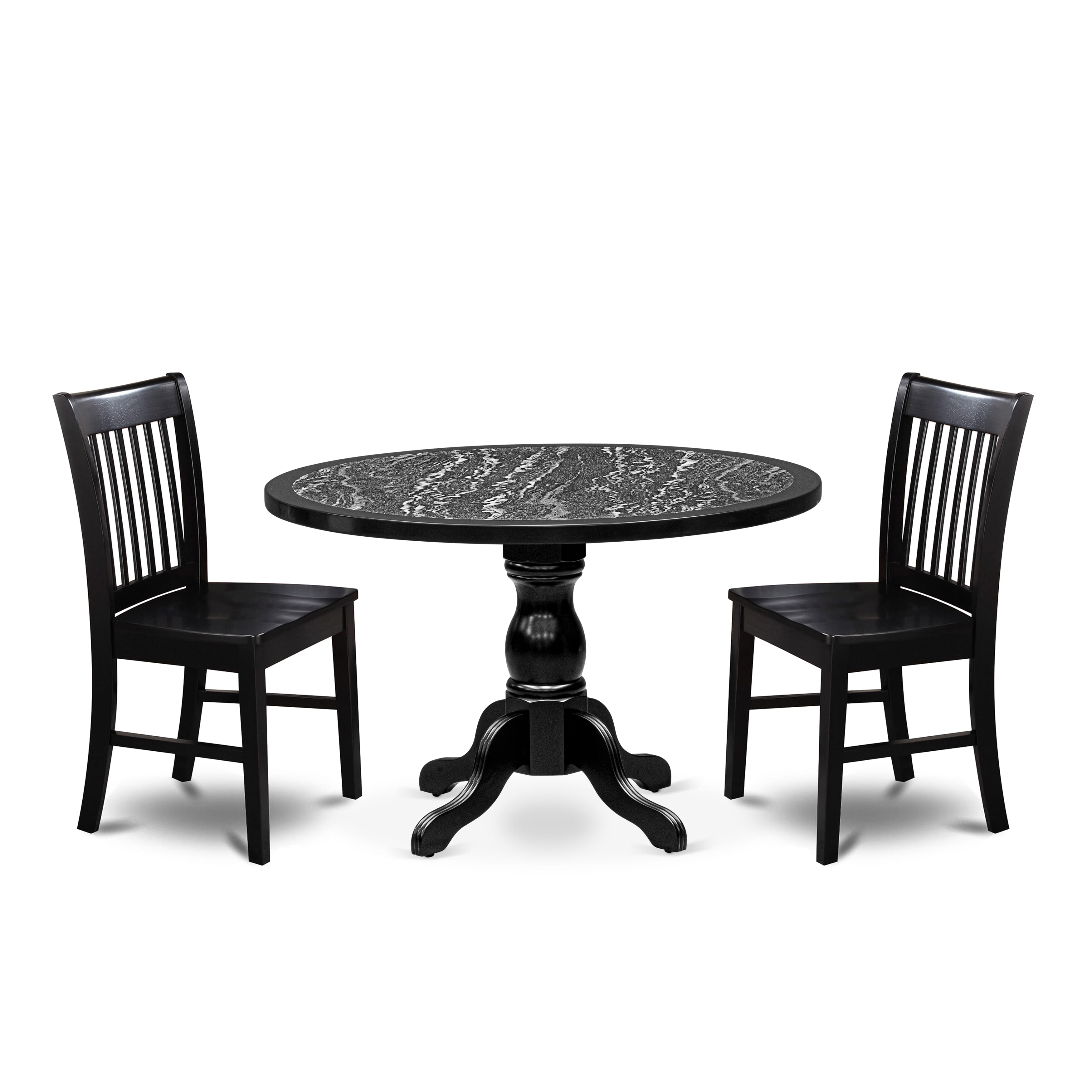 Luxe by East West Furniture 48NF3-109-W 3-piece dining room set Consists a round pedestal table and 2 Slatted Back kitchen chairs, Black finish.