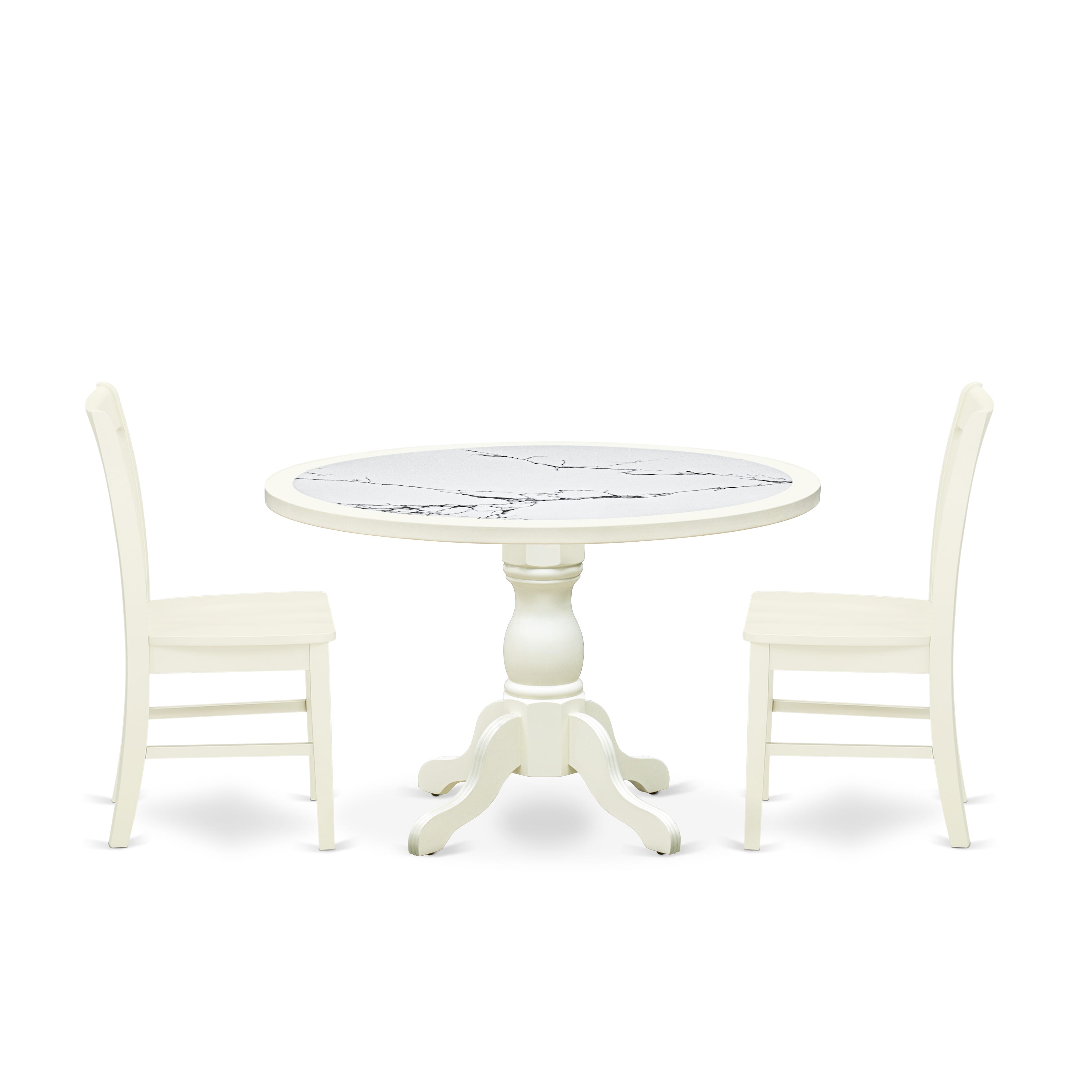 Luxe by East West Furniture 48NF3-204-W 3-Pc Dining Table Set Include a Dining Table with Veined Marble Pattern Tabletop and 2 Wooden Chairs, Linen white