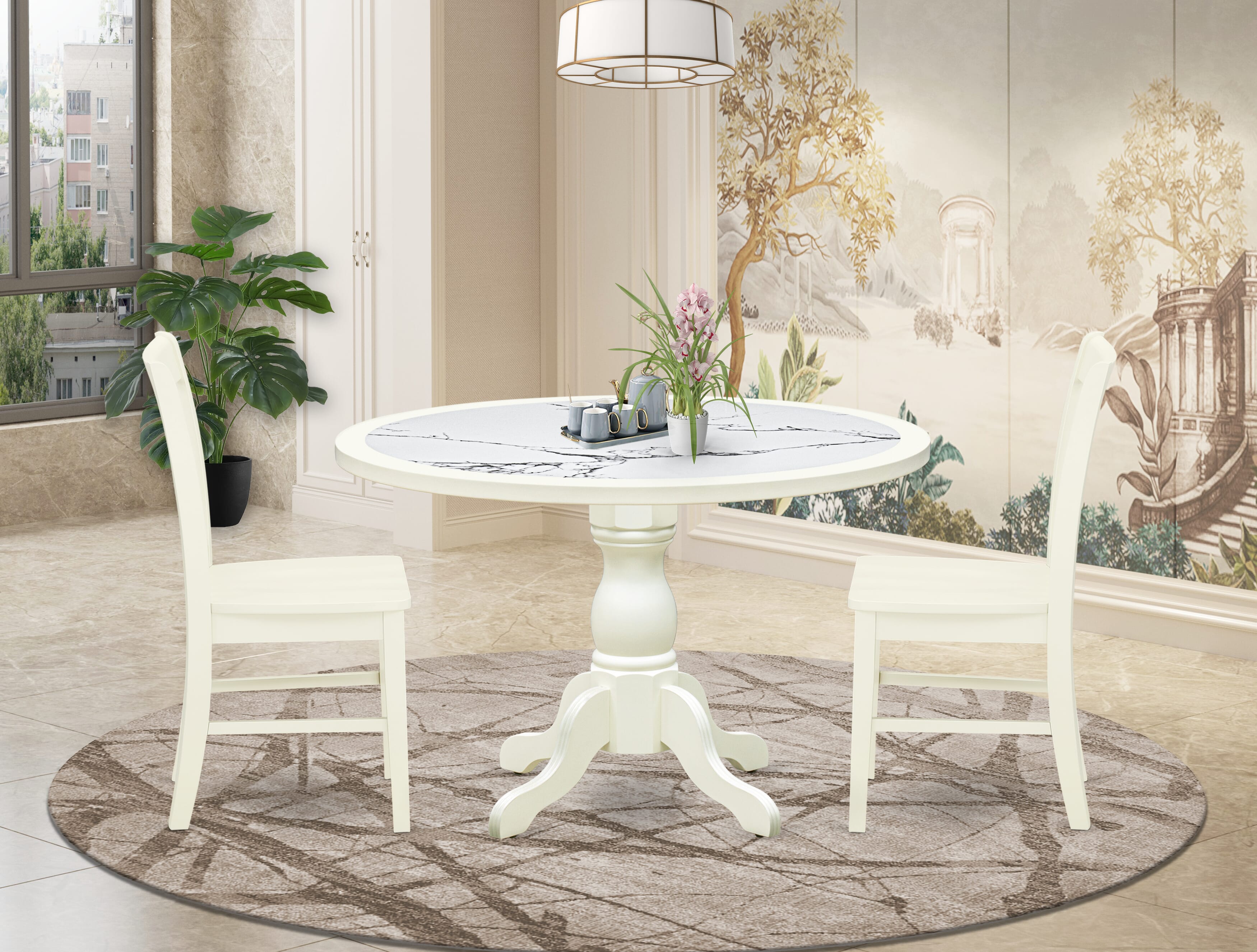Luxe by East West Furniture 48NF3-204-W 3-Pc Dining Table Set Include a Dining Table with Veined Marble Pattern Tabletop and 2 Wooden Chairs, Linen white