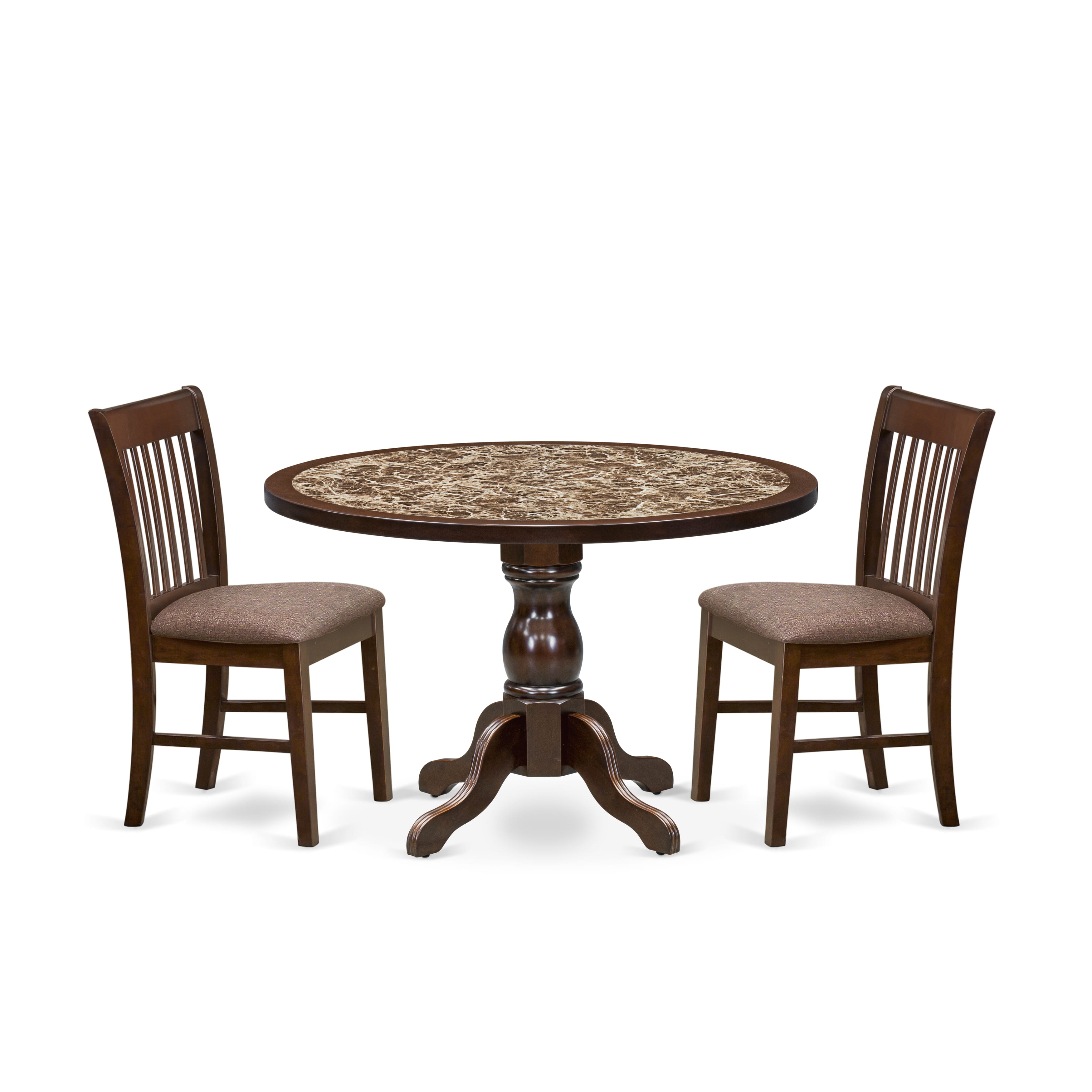 Luxe by East West Furniture 48NF3-312-C 3-Pc Mid Century Dining Set Include a Table with Rippled Sand Marble Pattern Tabletop and 2 Mahogany Linen Fabric Chairs, Mahogany