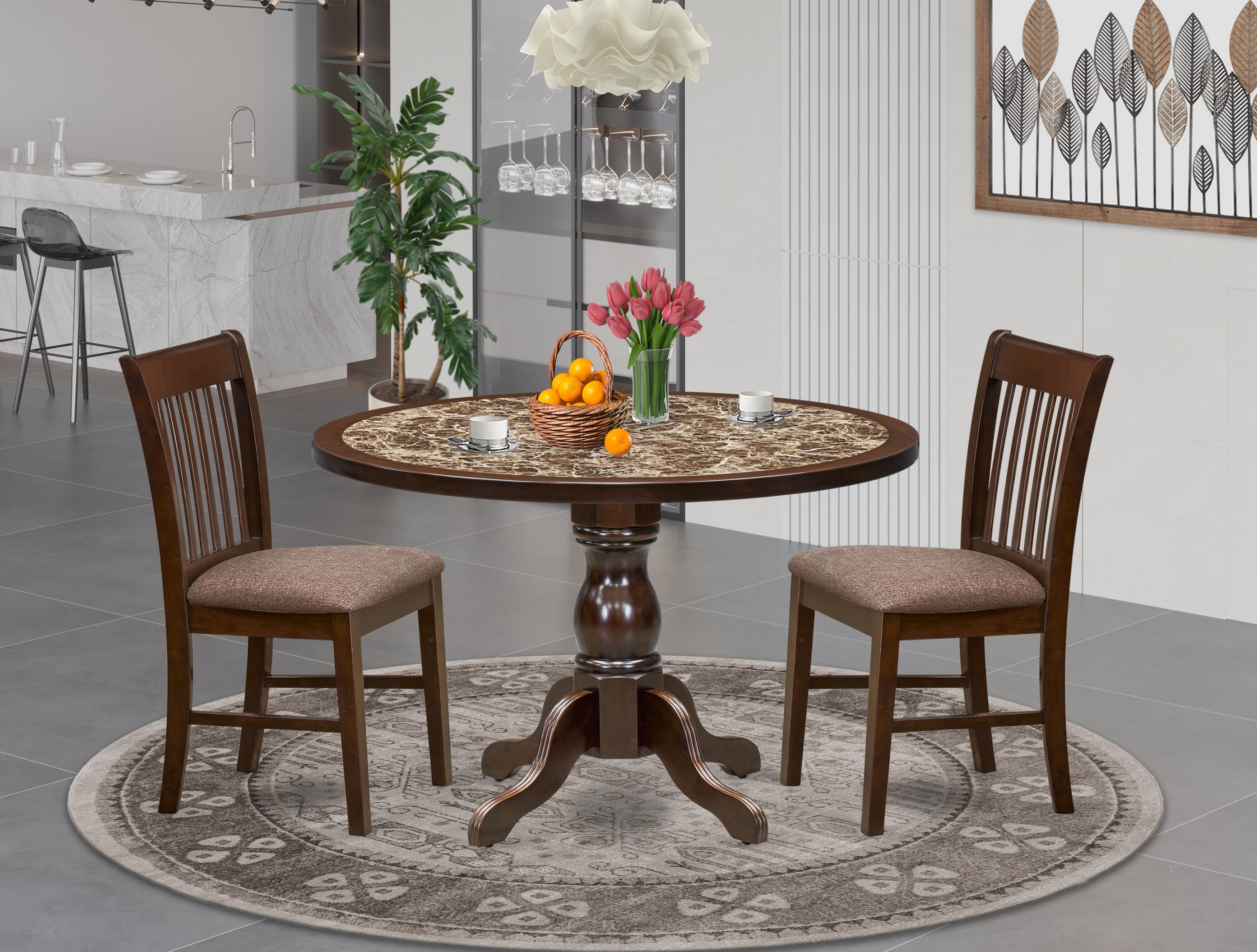 Luxe by East West Furniture 48NF3-312-C 3-Pc Mid Century Dining Set Include a Table with Rippled Sand Marble Pattern Tabletop and 2 Mahogany Linen Fabric Chairs, Mahogany