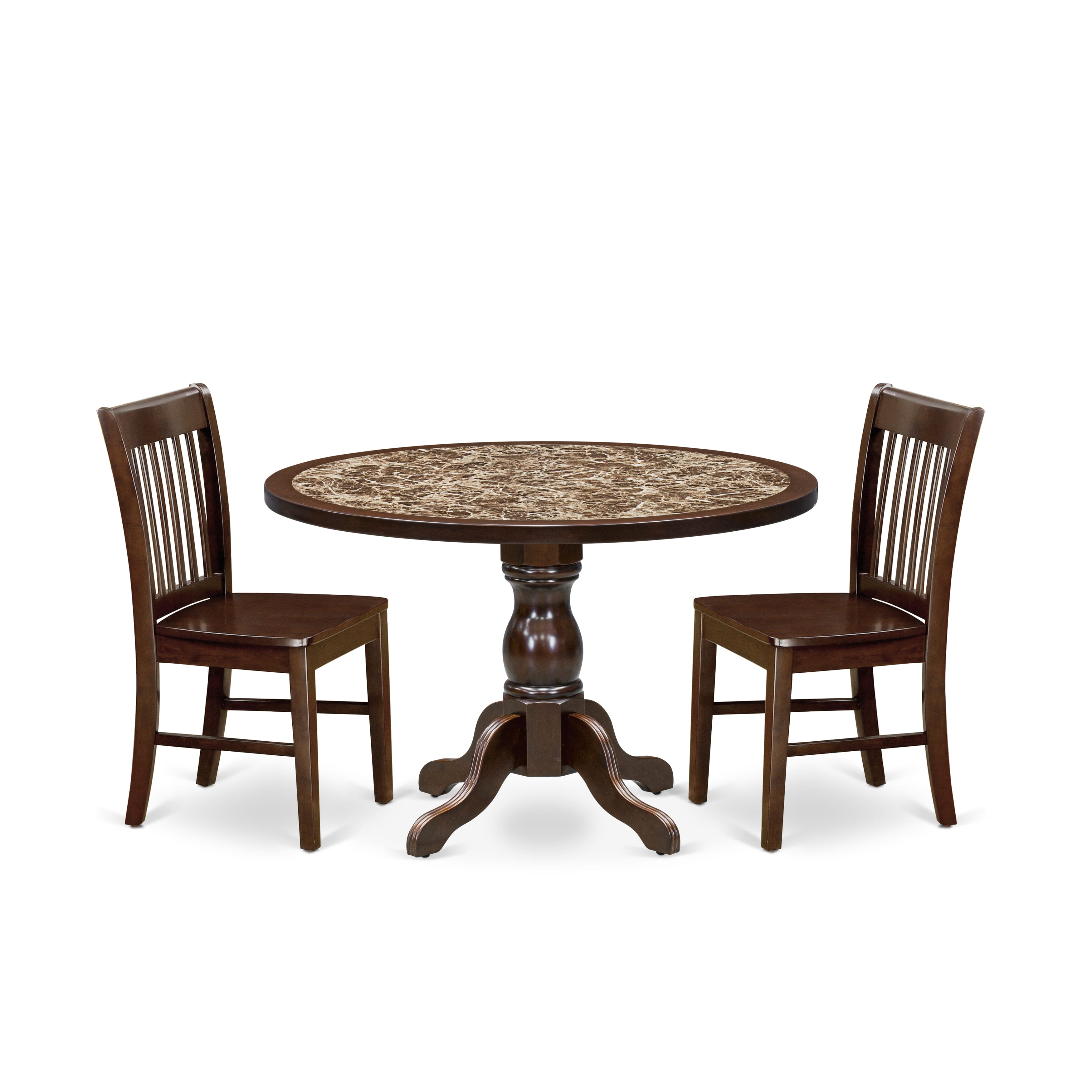 Luxe by East West Furniture 48NF3-312-W 3-Pc Dining Table Set Include a Dining Table with Rippled Sand Marble Pattern Tabletop and 2 Wooden Chairs, Mahogany
