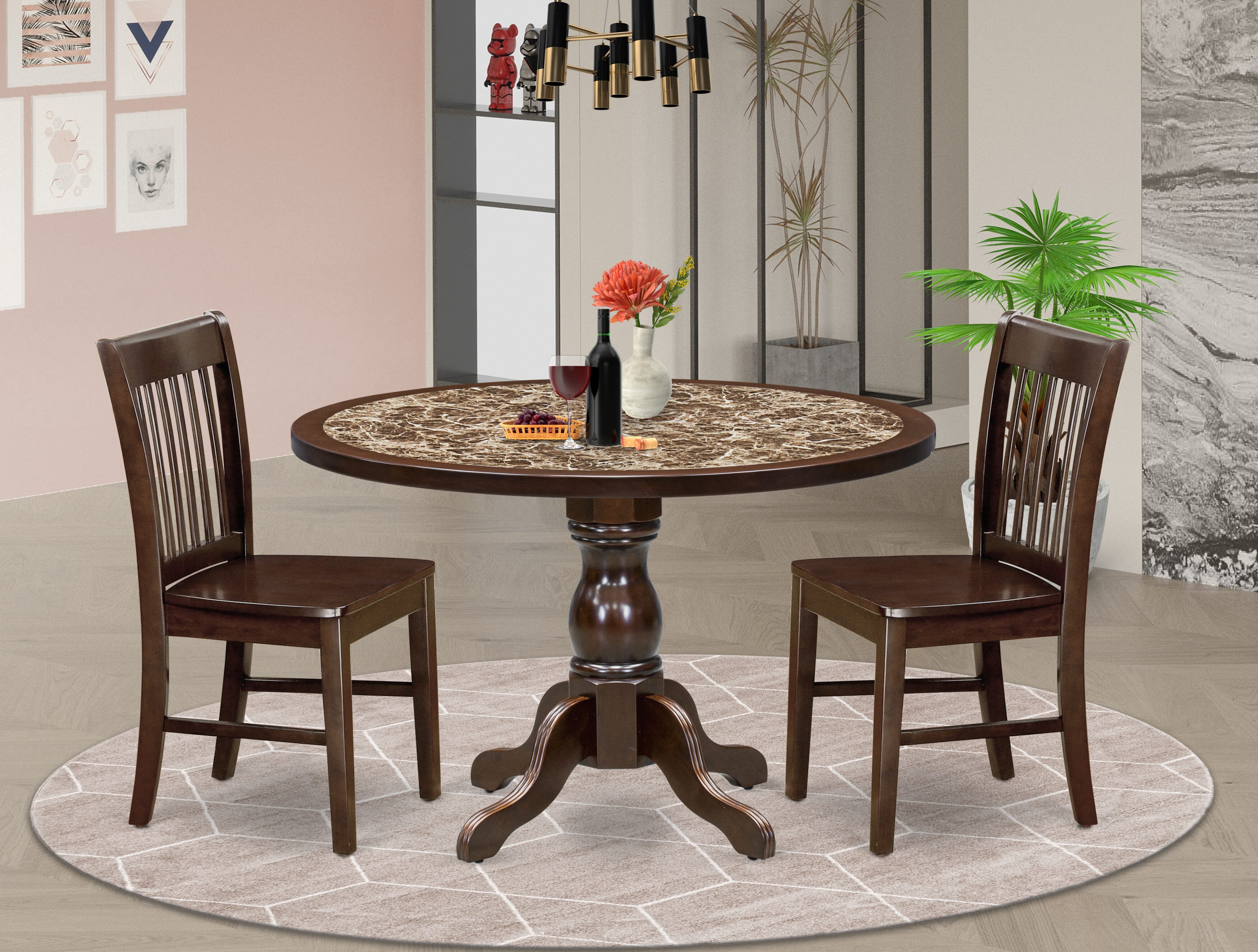Luxe by East West Furniture 48NF3-312-W 3-Pc Dining Table Set Include a Dining Table with Rippled Sand Marble Pattern Tabletop and 2 Wooden Chairs, Mahogany