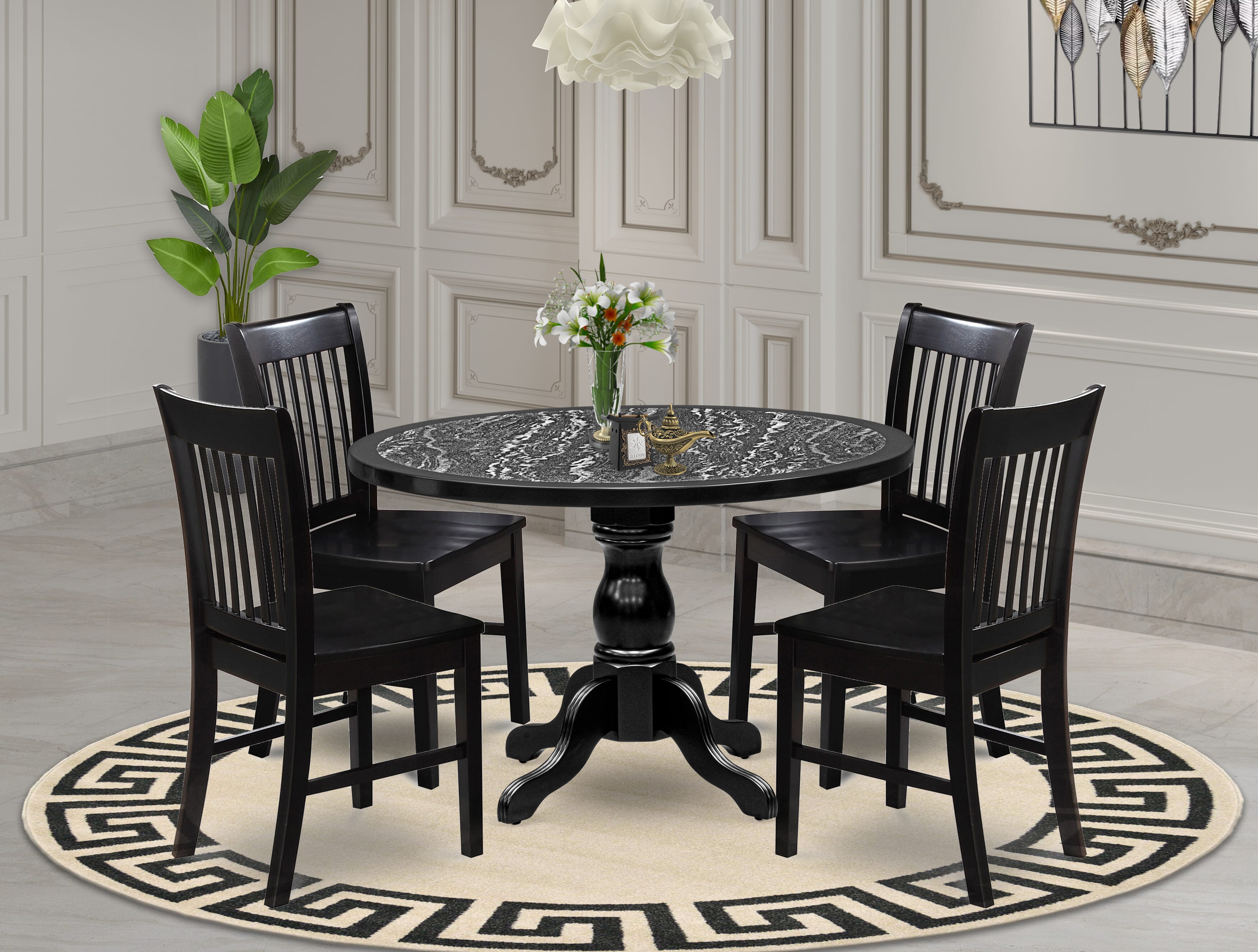 Luxe by East West Furniture 48NF5-109-W 5-Piece Dining Set includes a round pedestal dining table and 4 Slatted Back modern chairs, Black finish.