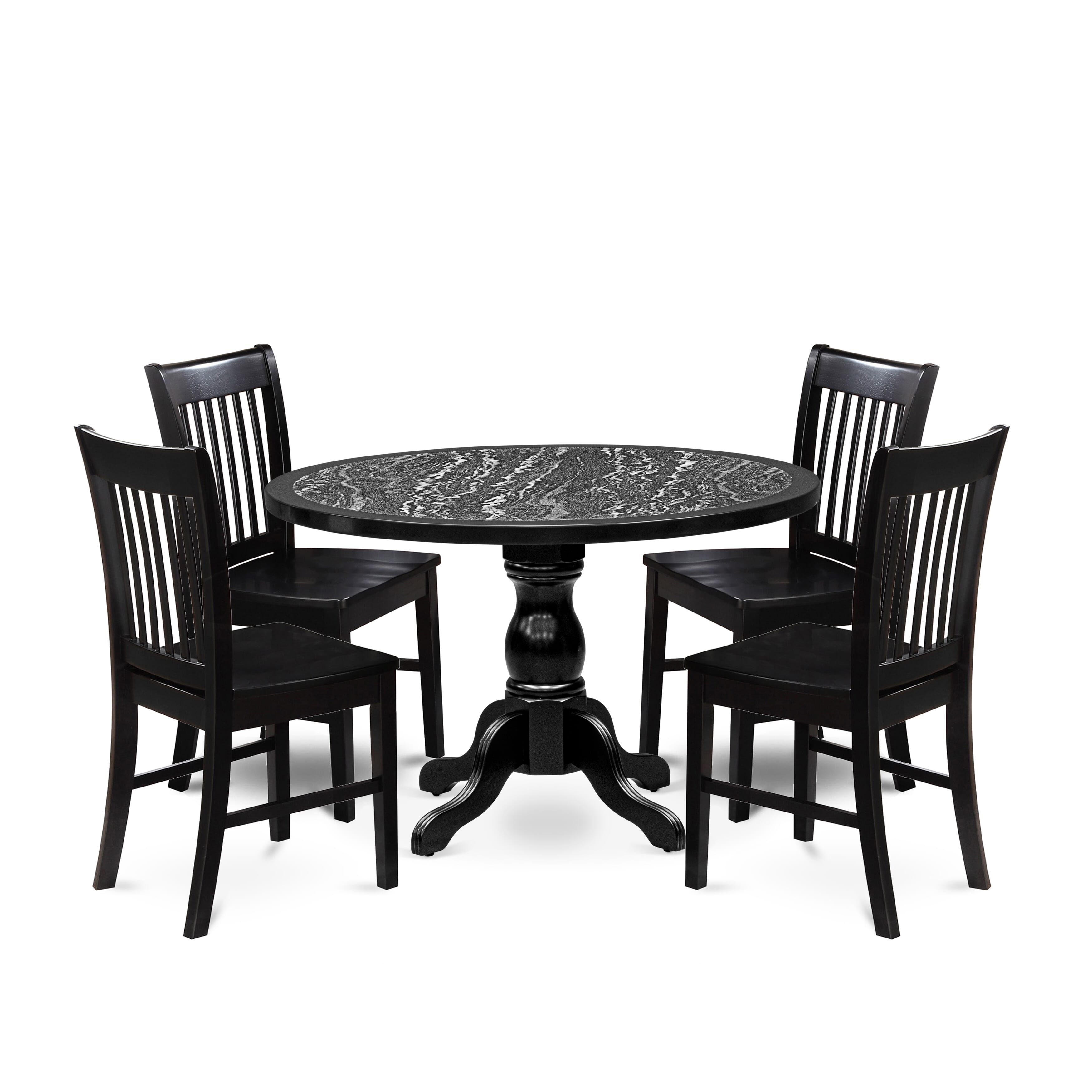 Luxe by East West Furniture 48NF5-109-W 5-Piece Dining Set includes a round pedestal dining table and 4 Slatted Back modern chairs, Black finish.