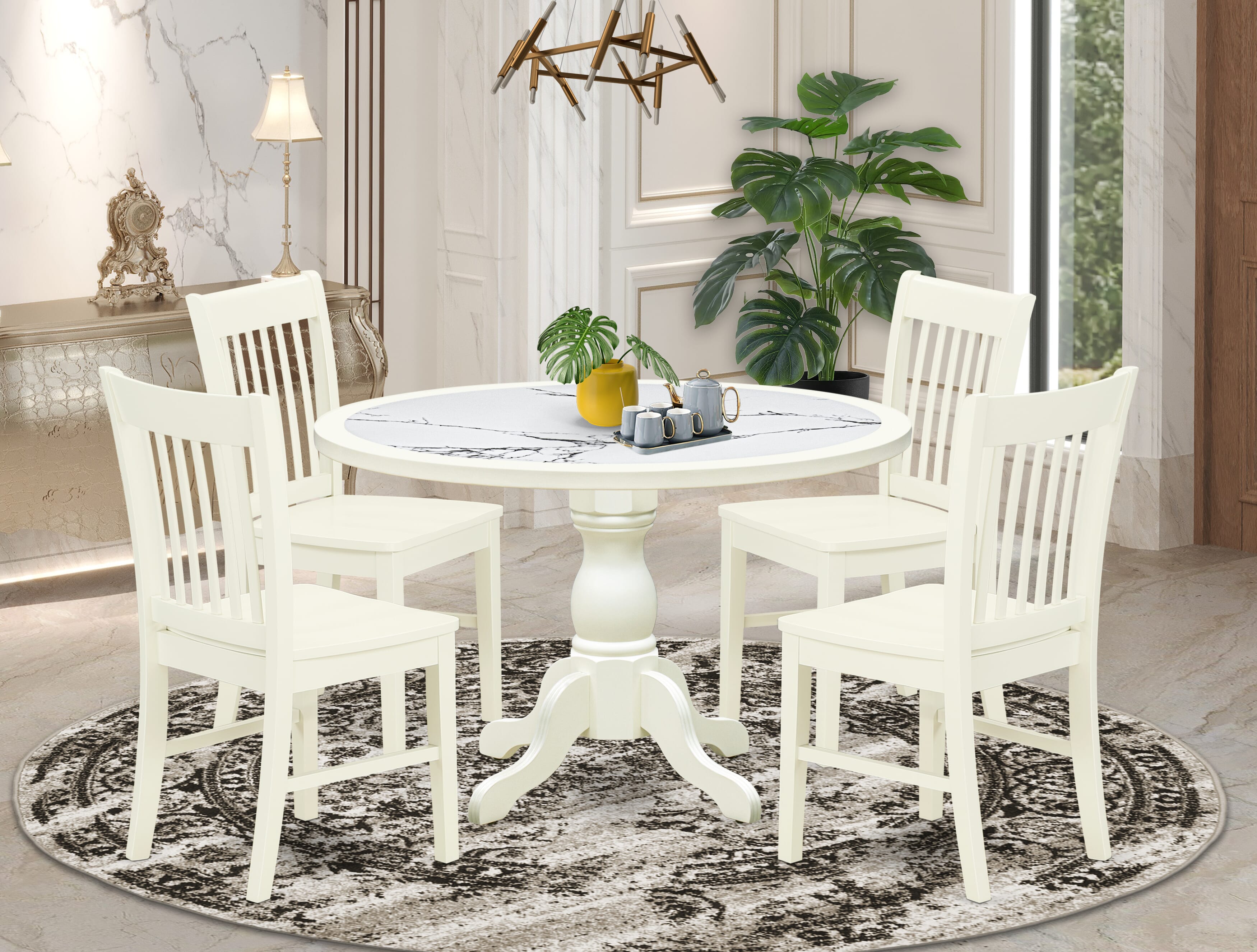 Luxe by East West Furniture 48NF5-204-W 5-Pc Modern Dining Table Set Include a Dining Table with Veined Marble Pattern Tabletop and 4 Wooden Chairs, Linen white