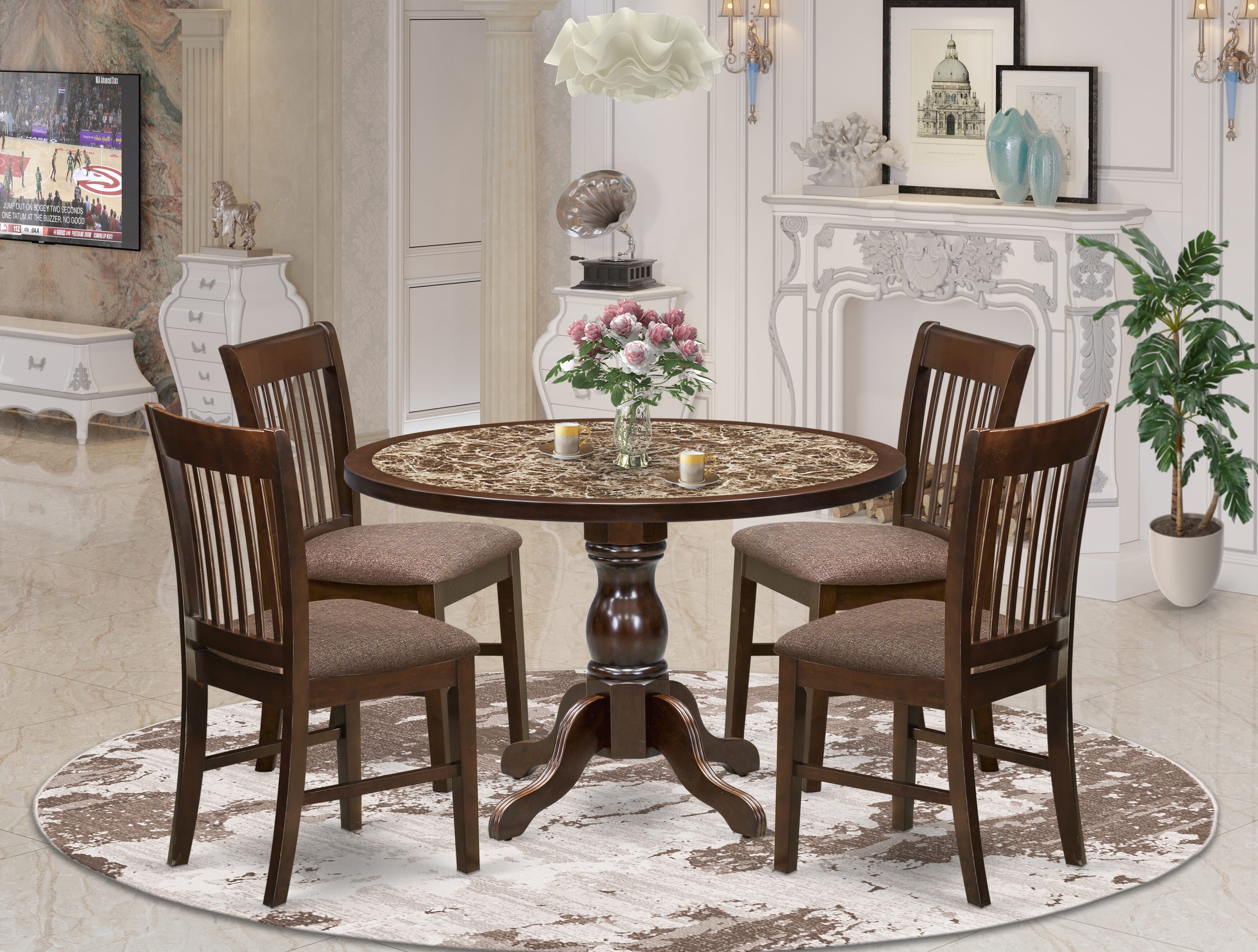 Luxe by East West Furniture 48NF5-312-C 5-Pc Dining Room Table Set Include a Dining Table with Rippled Sand Marble Pattern Tabletop and 4 Mahogany Linen Fabric Chairs, Mahogany