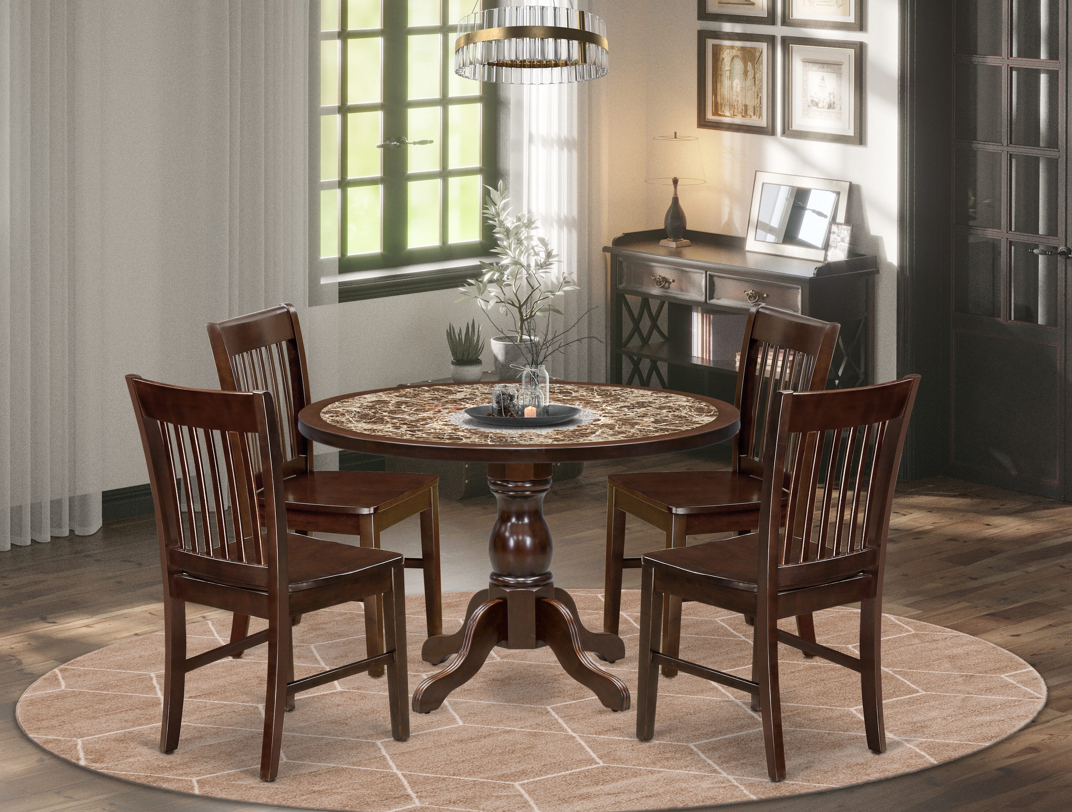 Luxe by East West Furniture 48NF5-312-W 5-Pc Modern Dining Table Set Include a Dining Table with Rippled Sand Marble Pattern Tabletop and 4 Wooden Chairs, Mahogany