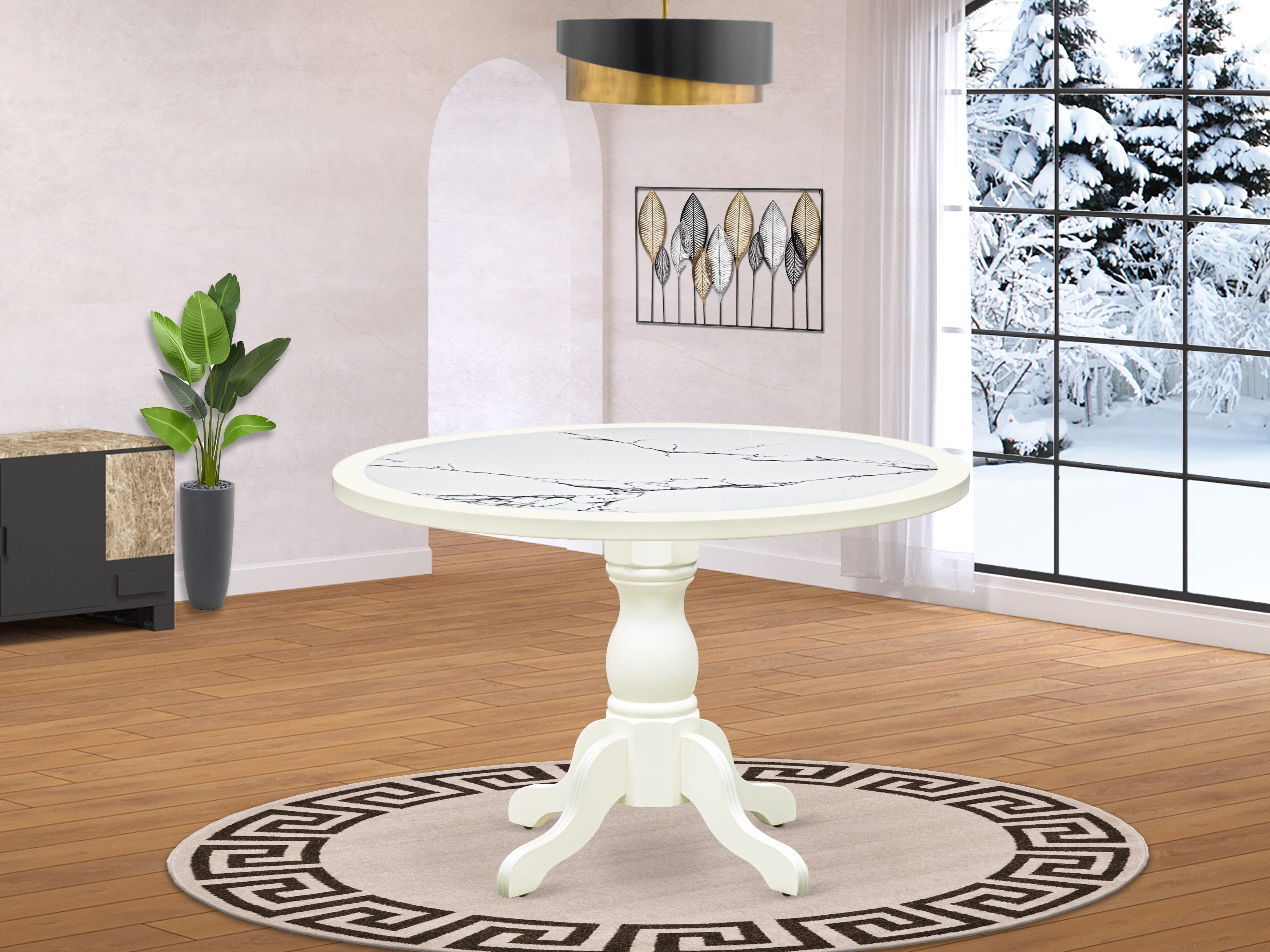 Luxe by East West Furniture - 48T-204-TP - A Round Dining Table with Veined Marble Pattern tabletop, 42x42 inch, Linen White Finish