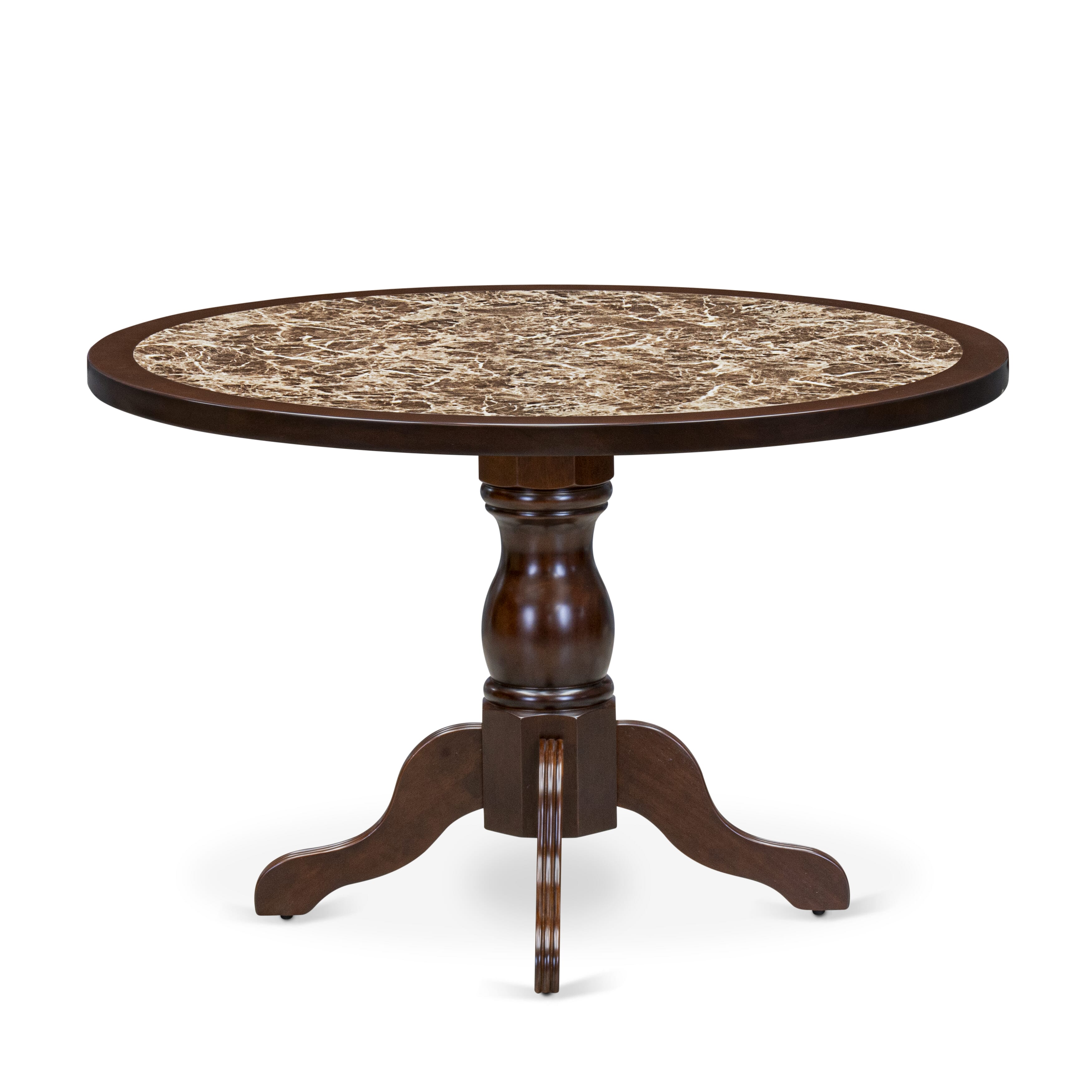 Luxe by East West Furniture - 48T-312-TP - A Round Mid-Century Dining Table with Rippled Sand Marble Pattern tabletop, 42x42 inch, Mahogany Finish